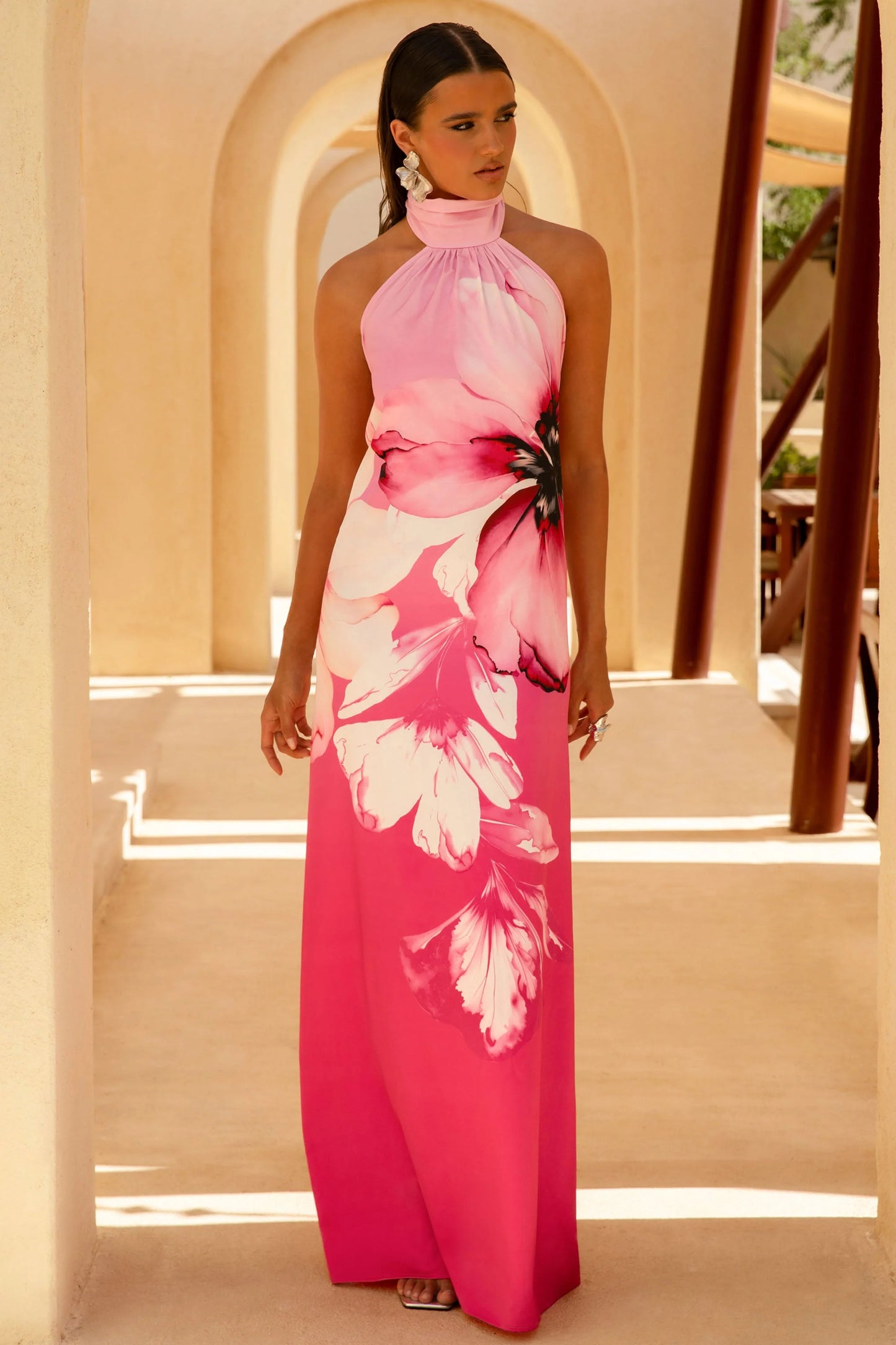 Leia Pink Lily Print High-Neck Maxi Dress