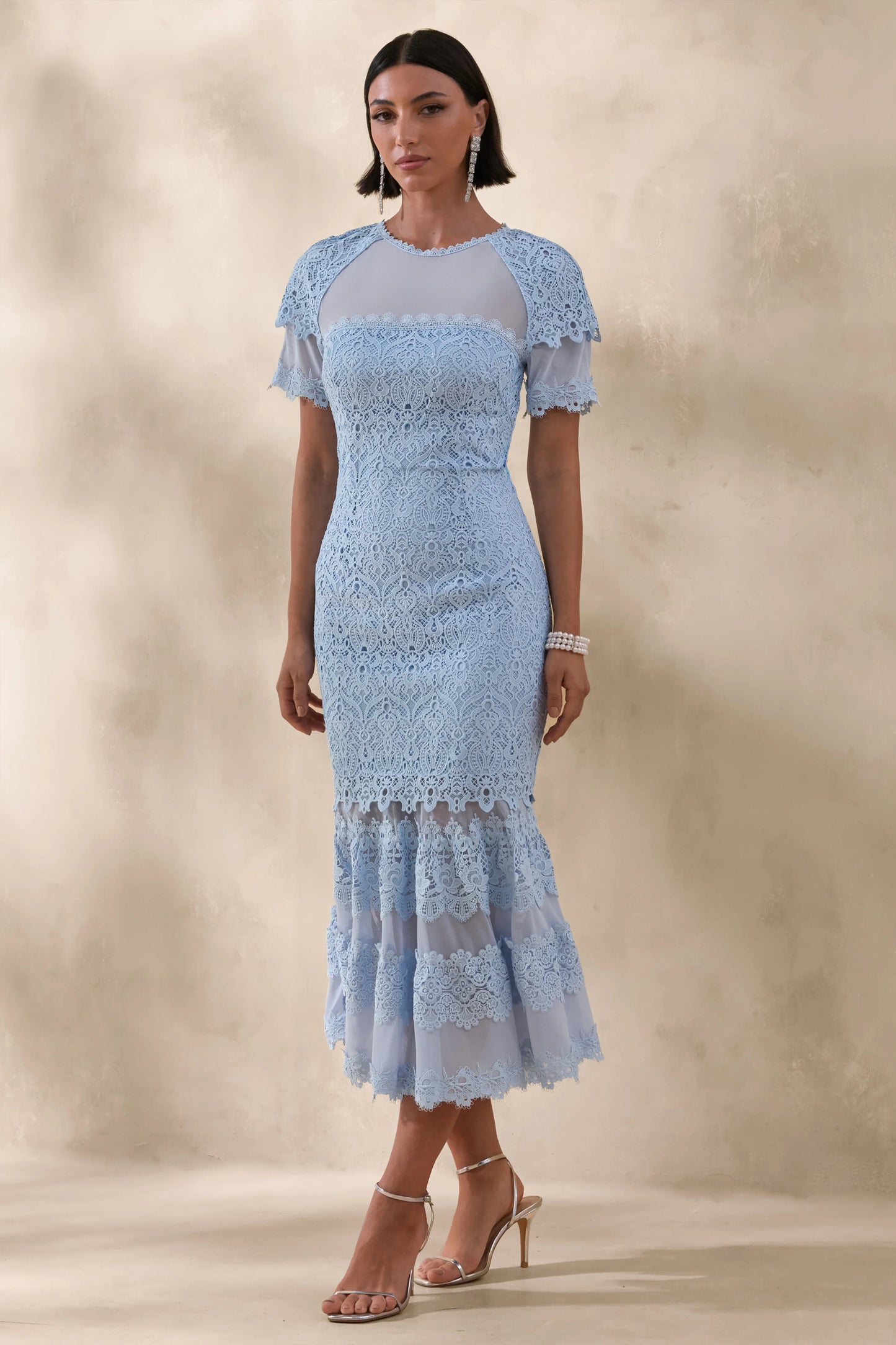 Leanne Powder Blue Mesh And Lace Crew-Neck Fishtail Midi Dress
