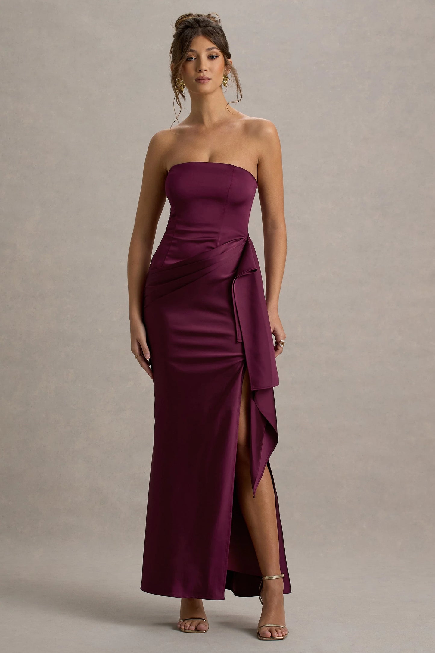 Loz Burgundy Satin Bandeau Draped Maxi Dress