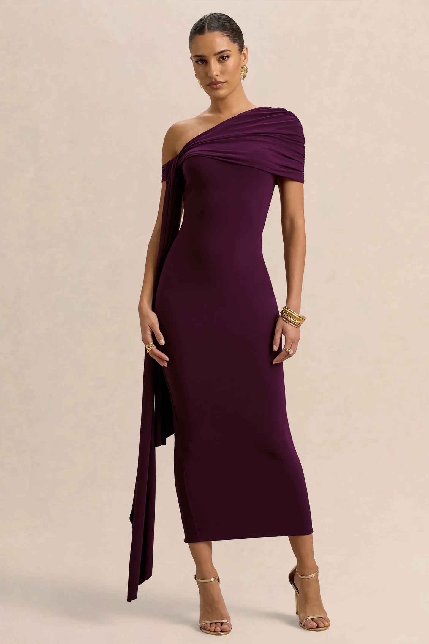 Praia Plum Asymmetric-Neck Midi Dress With Sash and Draped Detailing