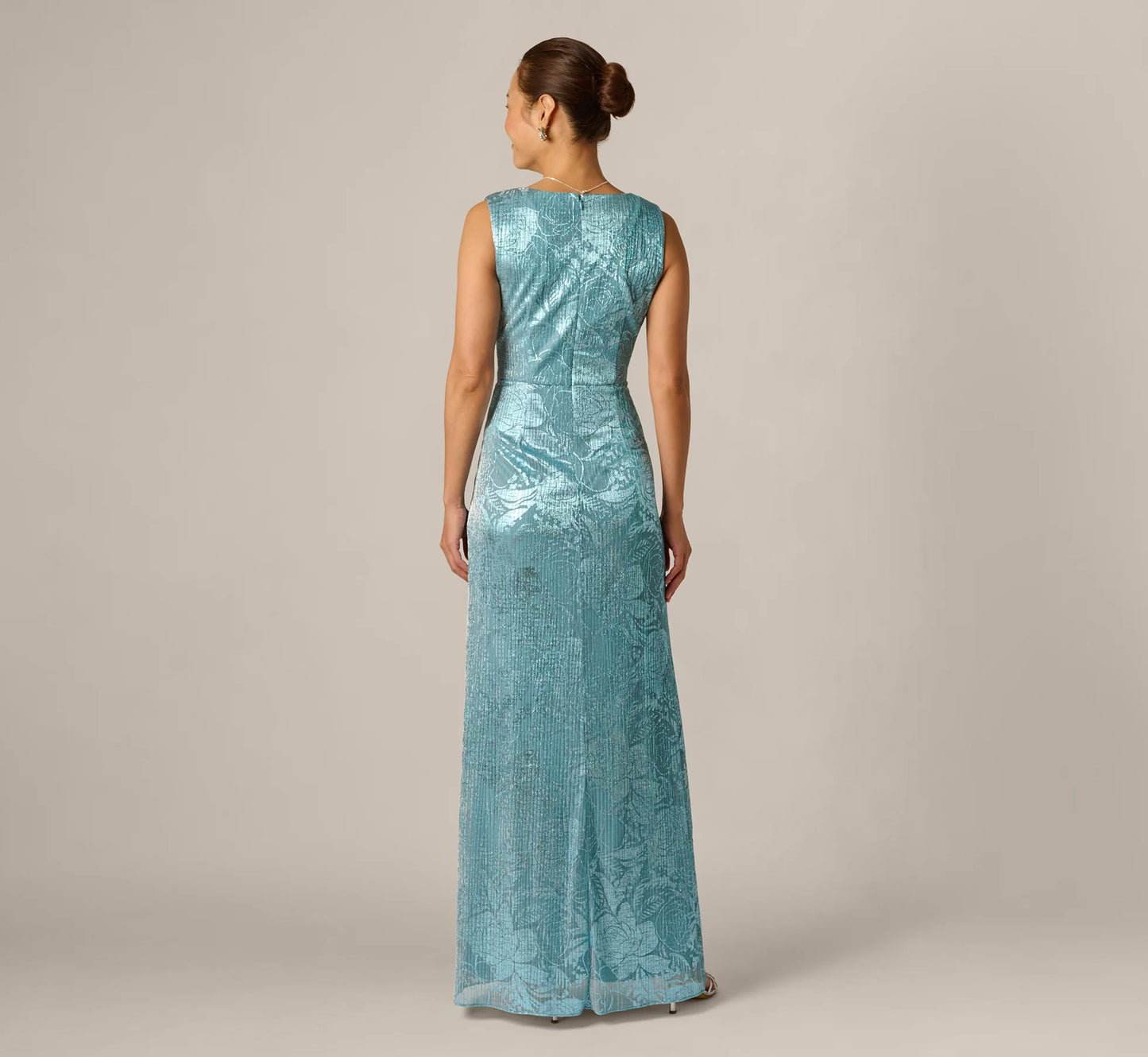 Crinkle Metallic Floral Draped Gown In Blue
