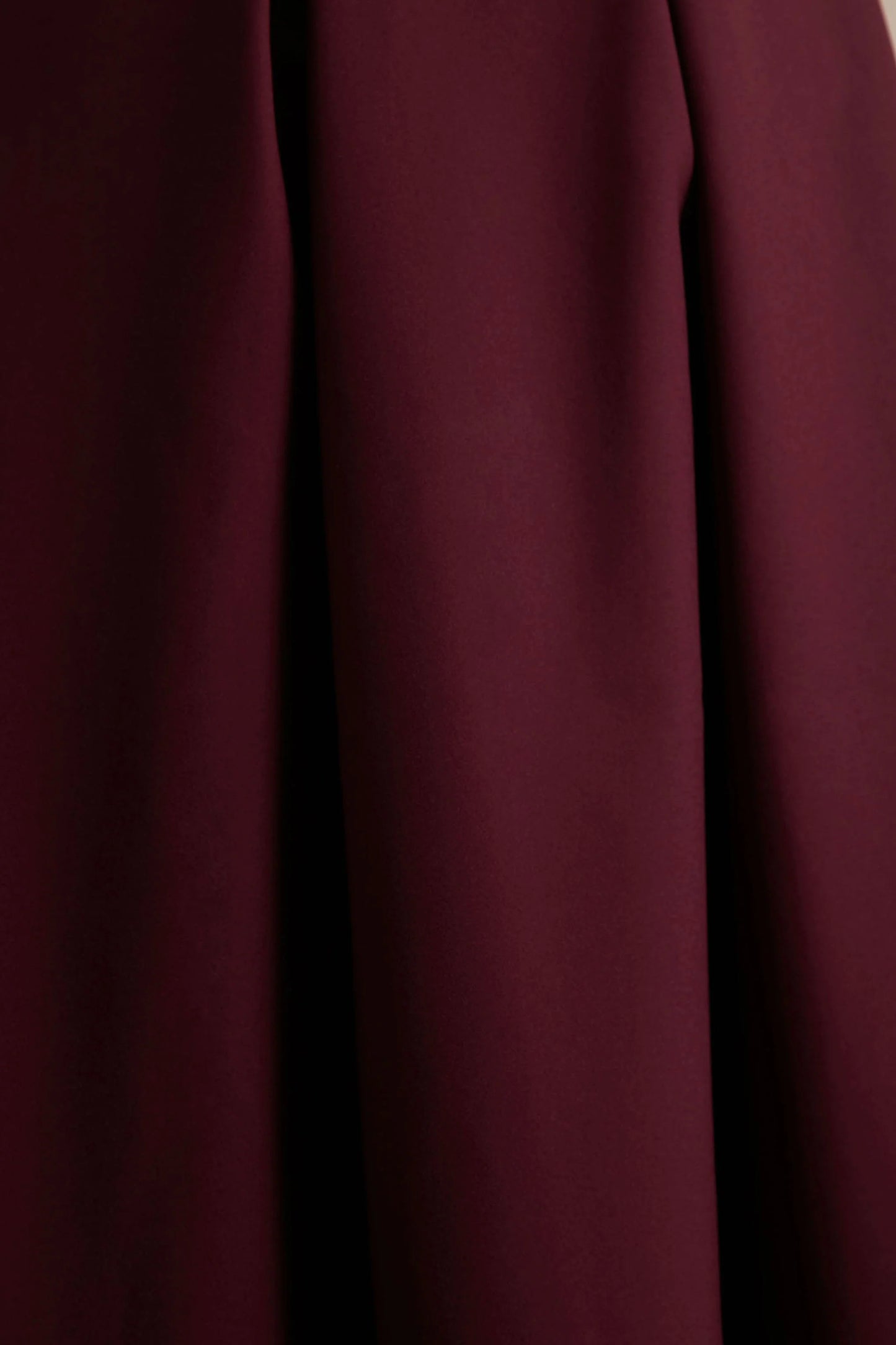 Thalia Burgundy High-Neck Midi Dress With Sheer Mesh Cape