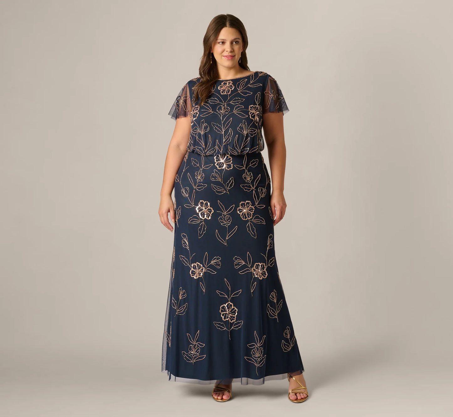 Plus Size Flutter Sleeve Floral Beaded Blouson Gown In Navy Rosegold