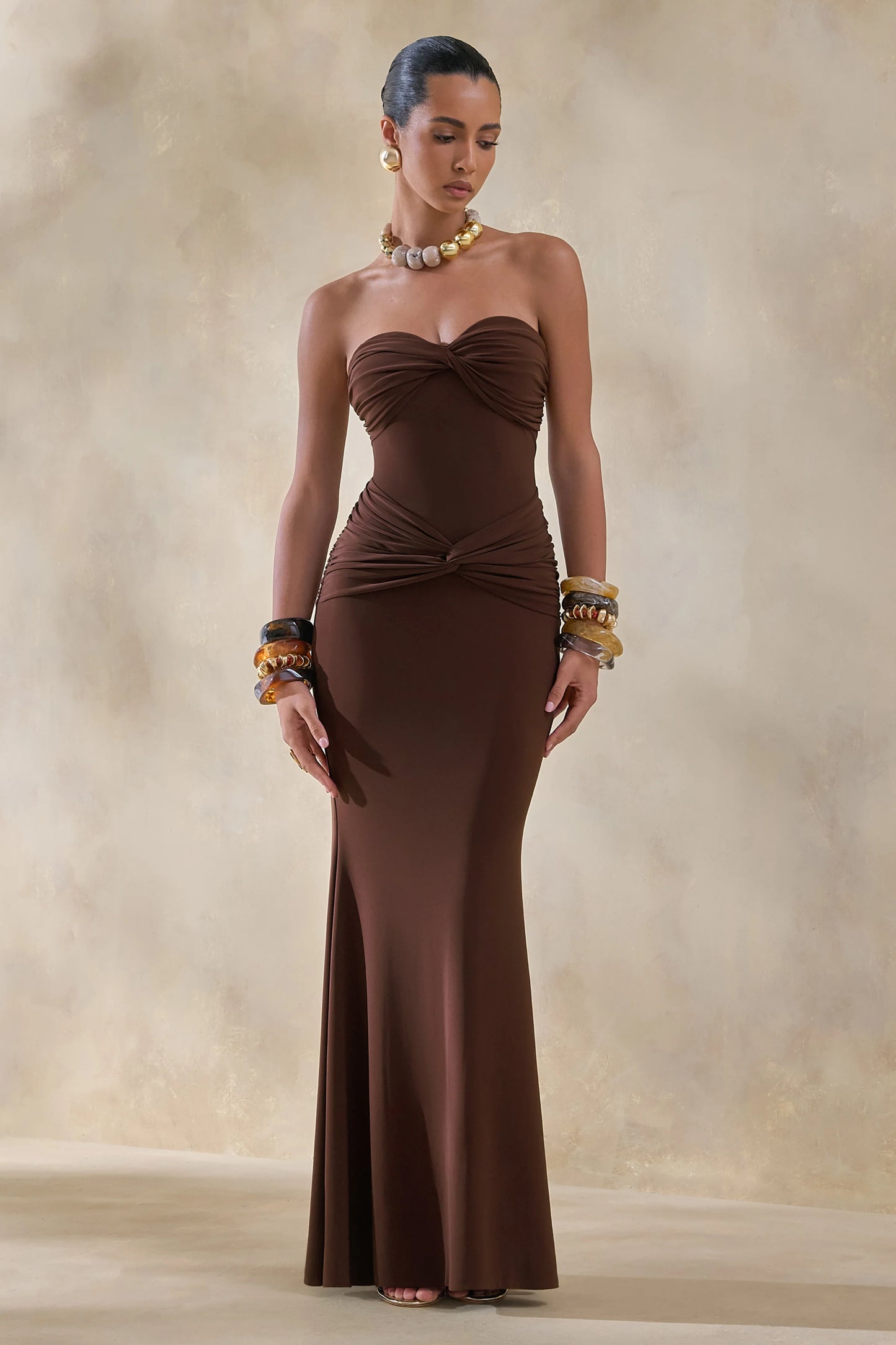 Elodia Brown Bandeau Maxi Dress With Gathered-Detailing