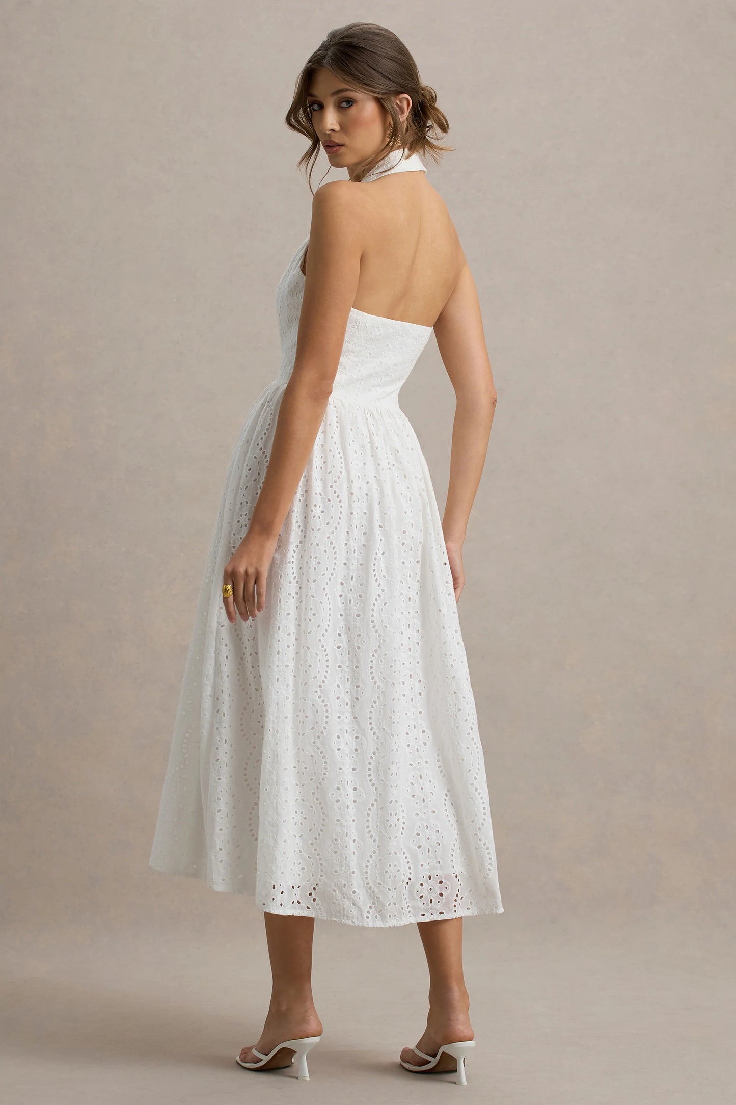 Jezebel White Lace Plunge-Neck Collared Midi Dress