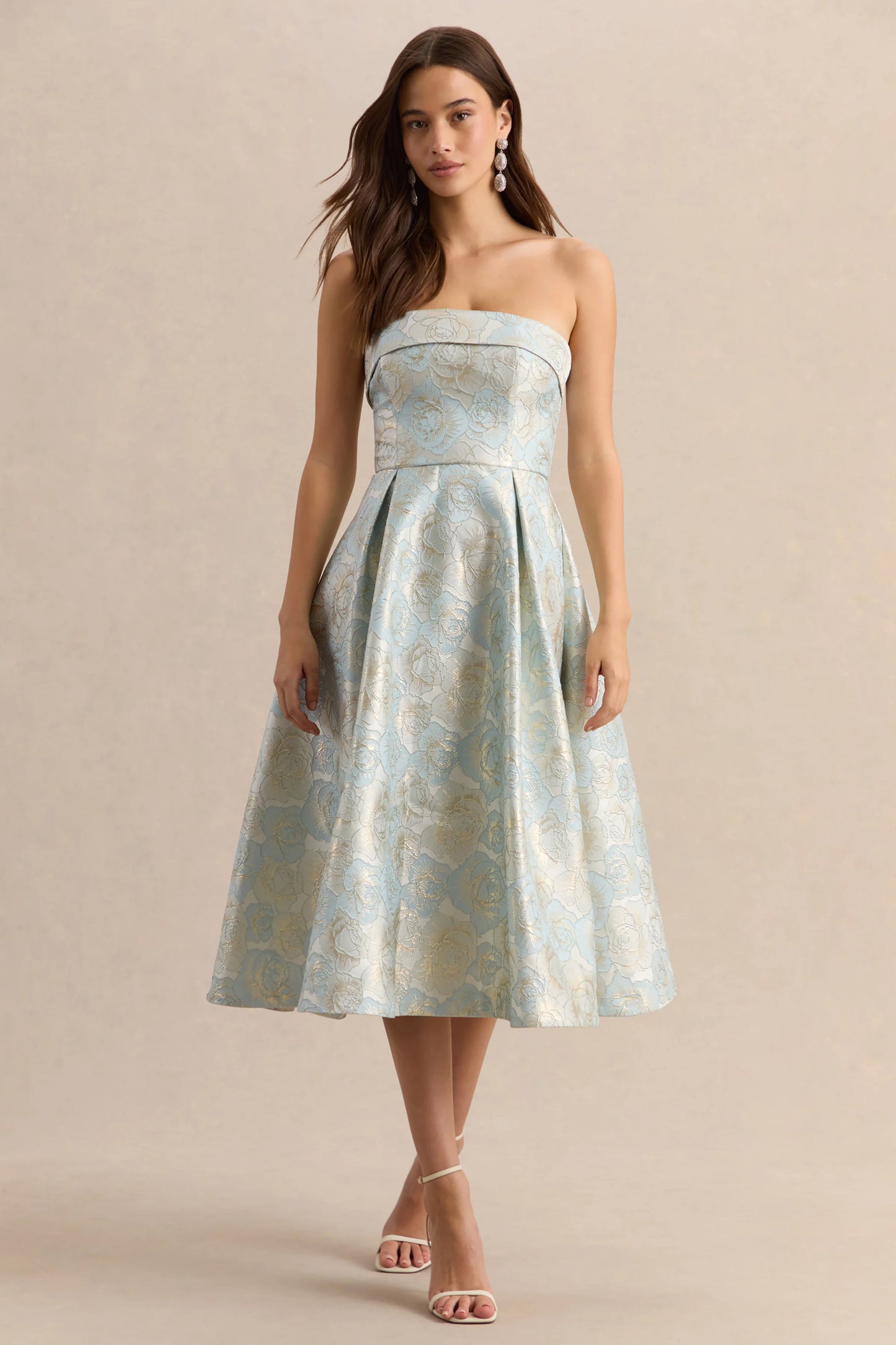 Tori Powder Blue Jacquard Bandeau Skater Midi Dress