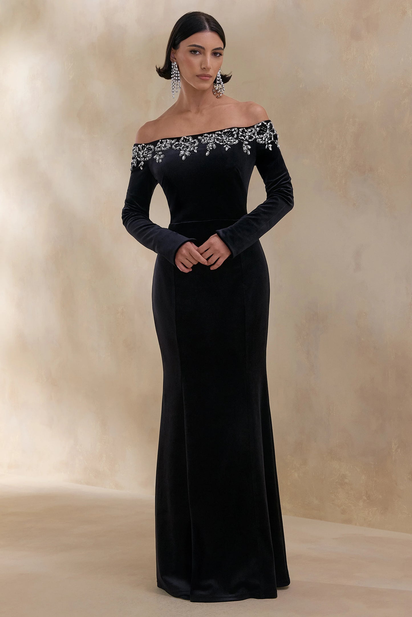 Fern Black Velvet Embellished Bardot-Neck Maxi Dress
