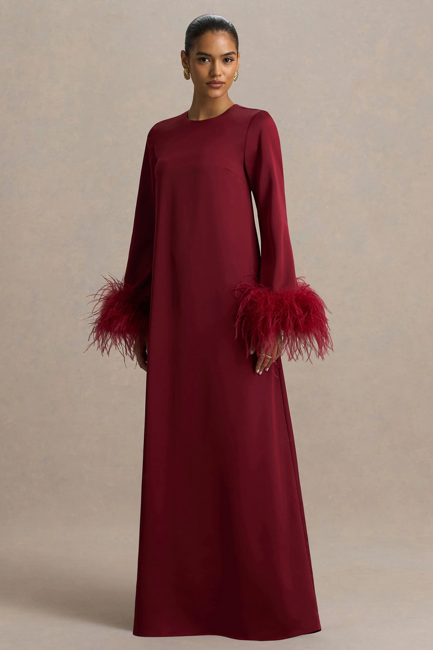 Adella Burgundy Satin Feather-Trim Maxi Dress