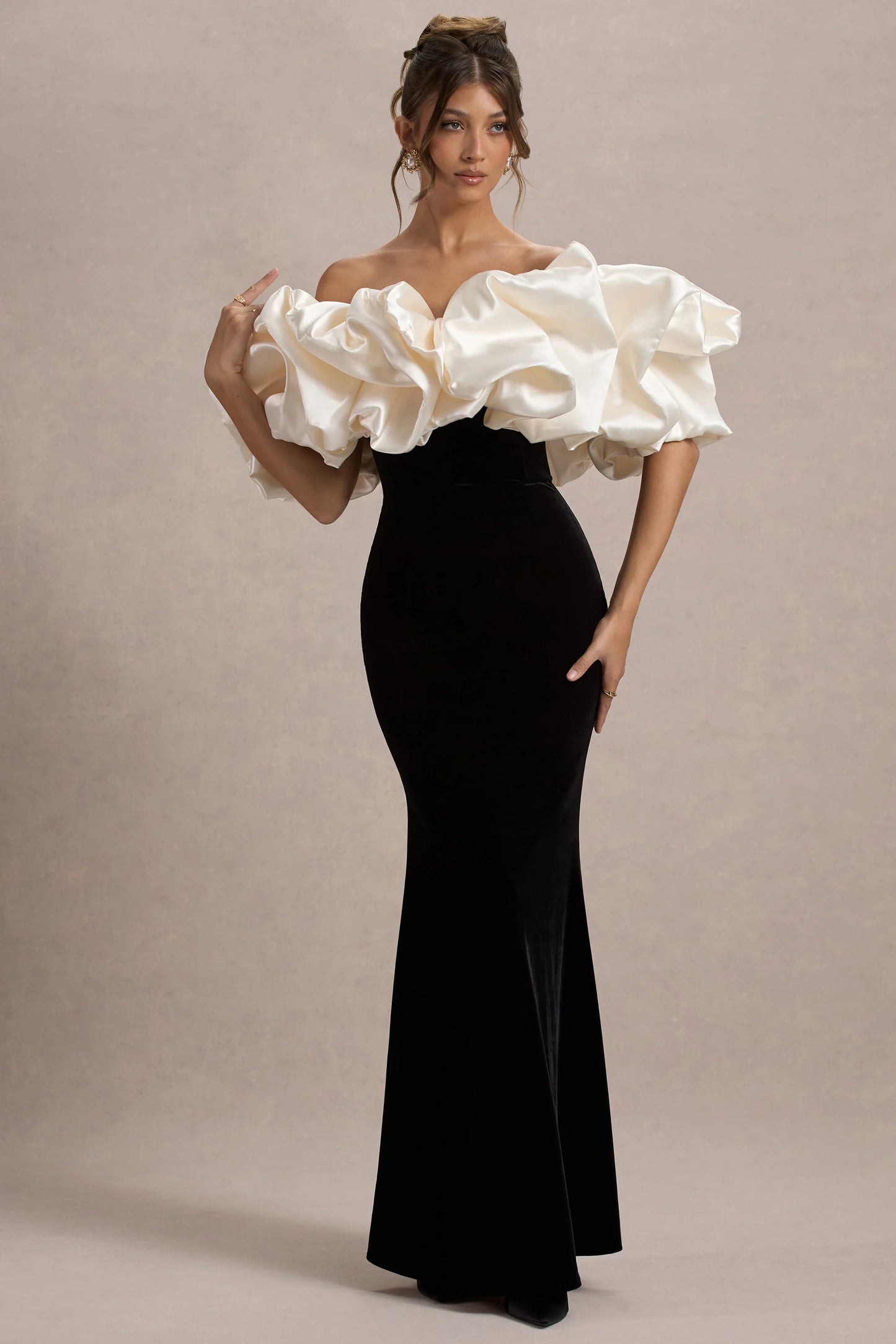 Cecily Black Velvet Bardot Maxi Dress With Satin Ruffle Trim