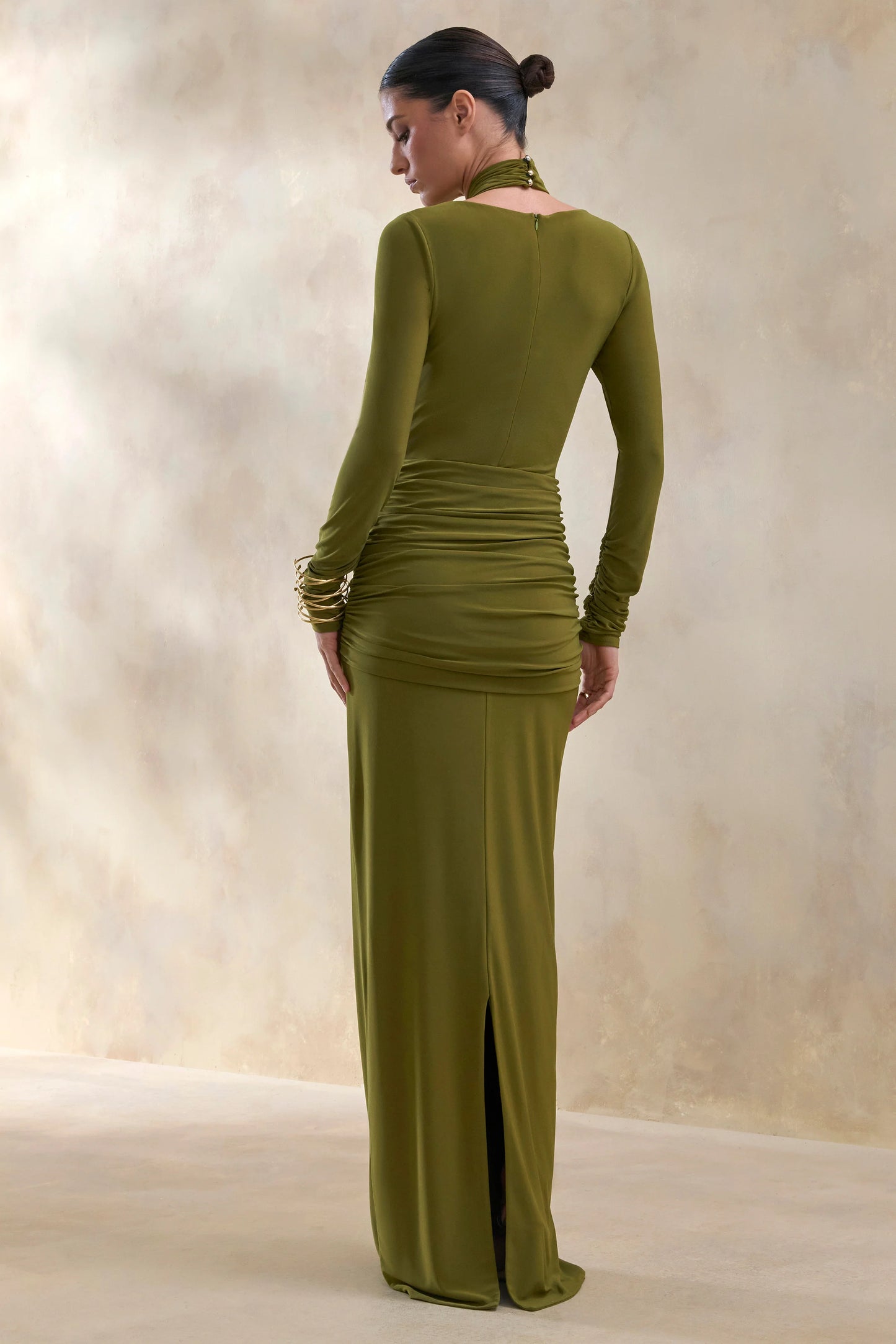 Linessa Olive High-Neck Maxi Dress With Sash And Gathered-Detailing
