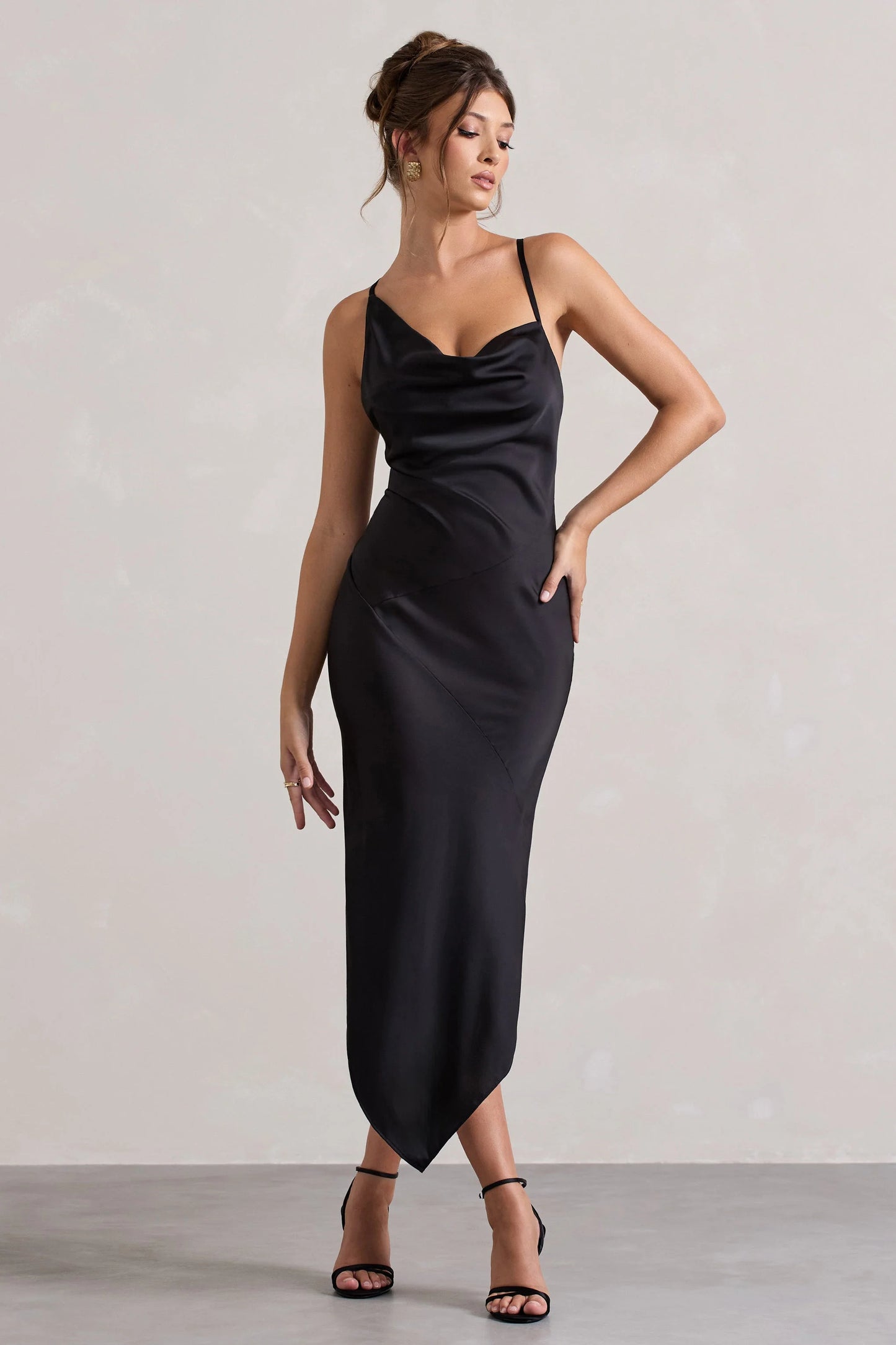 Fillie Black Satin Asymmetric Cowl-Neck Midi Dress