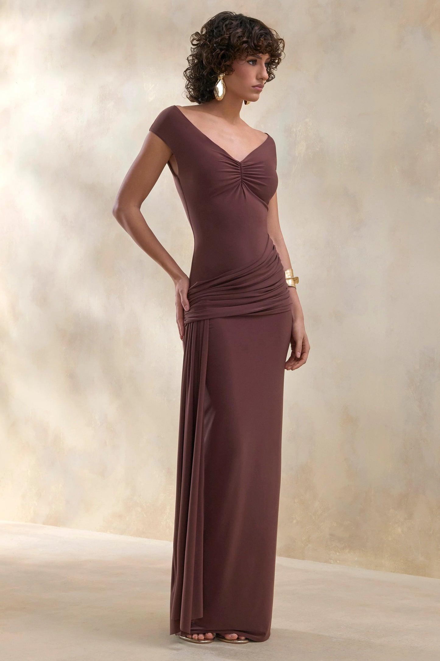 Petronia Brown V-Neck Maxi Dress With Wrap-Detail