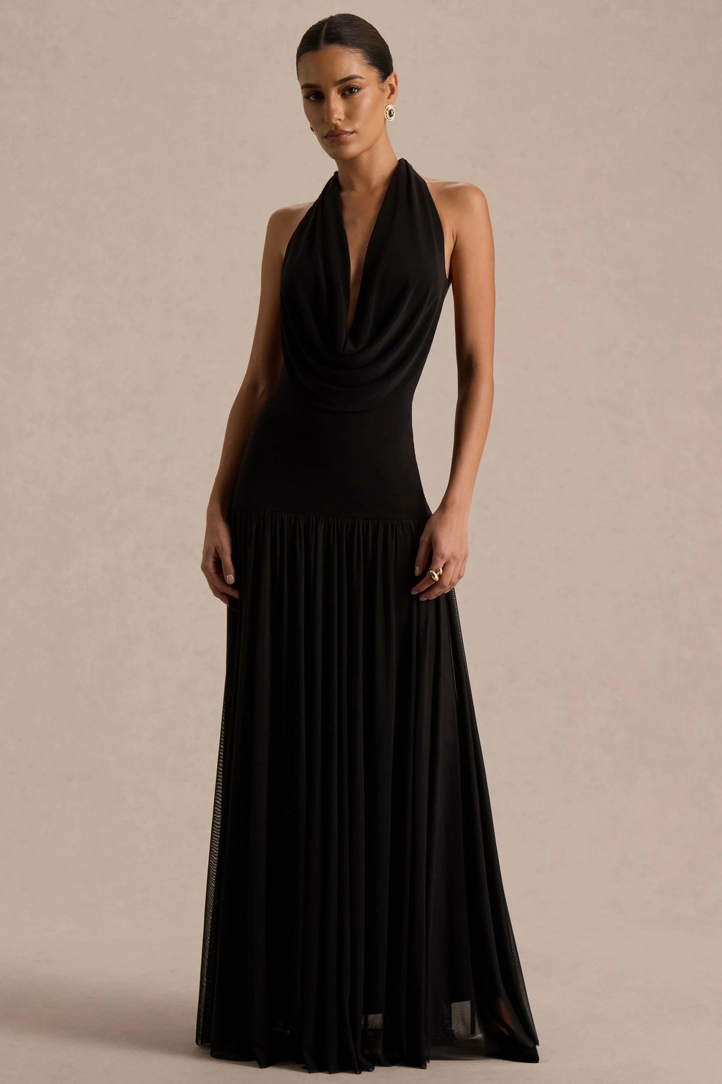 Verity Black Cowl-Neck Maxi Dress With Sheer-Skirt