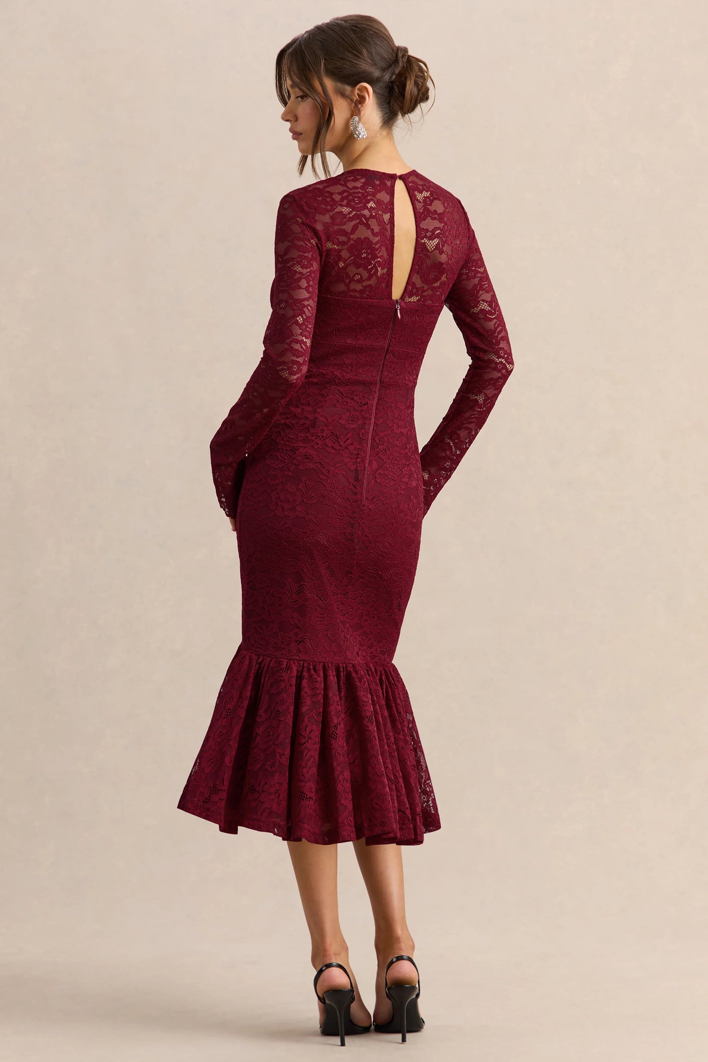 Camilly Burgundy Lace Plunge-Neck Mermaid Midi Dress