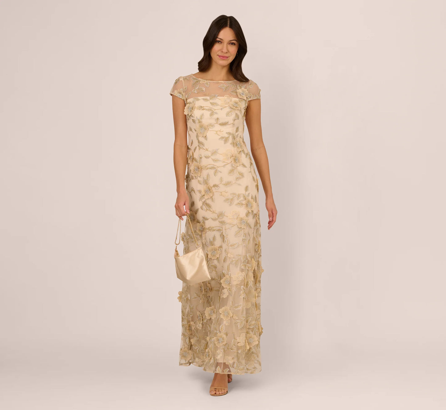 Cap Sleeve Floral Embroidered Illusion Godet Gown In Champagne
