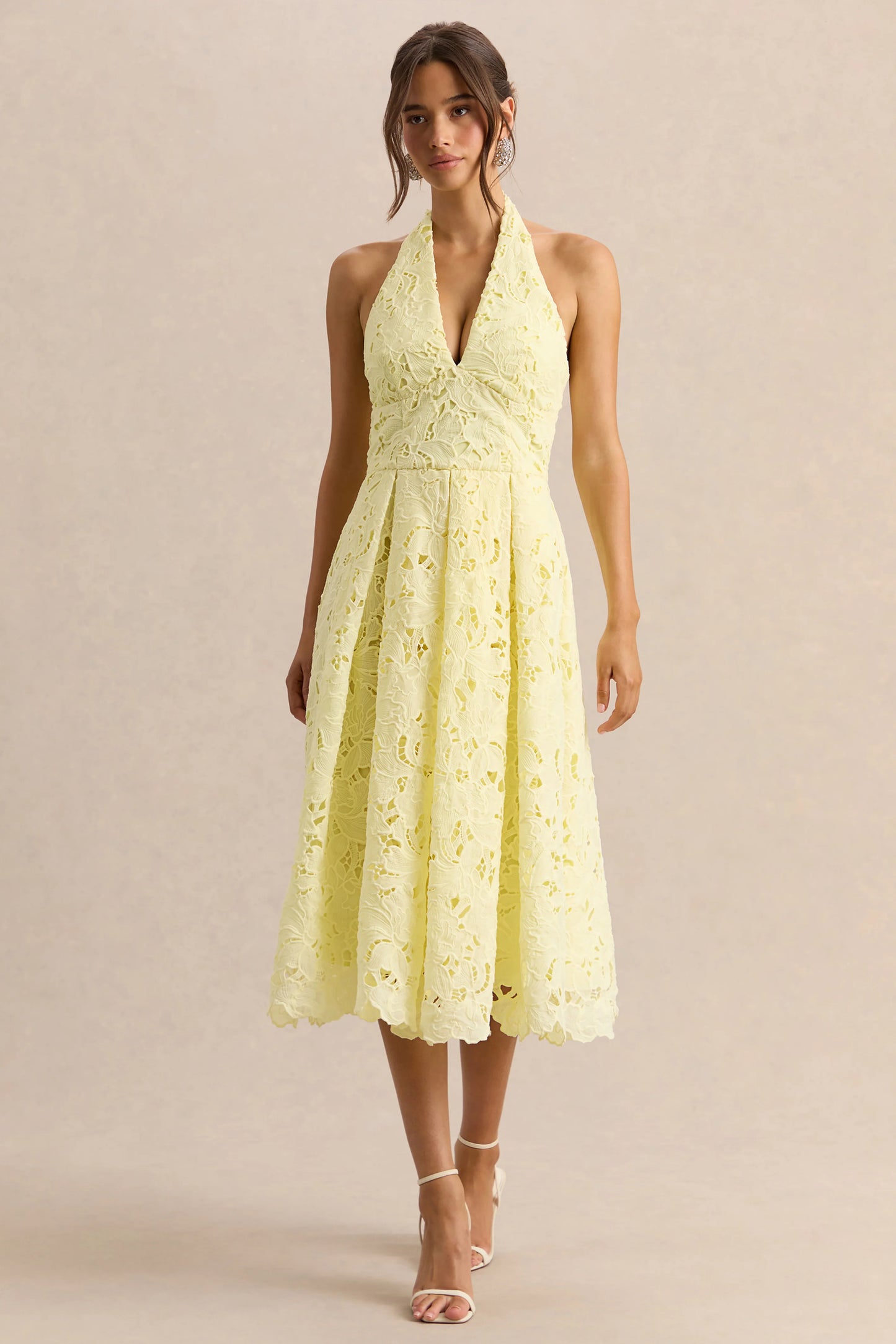 Maribel Lemon Lace Plunge-Neck Midi Dress