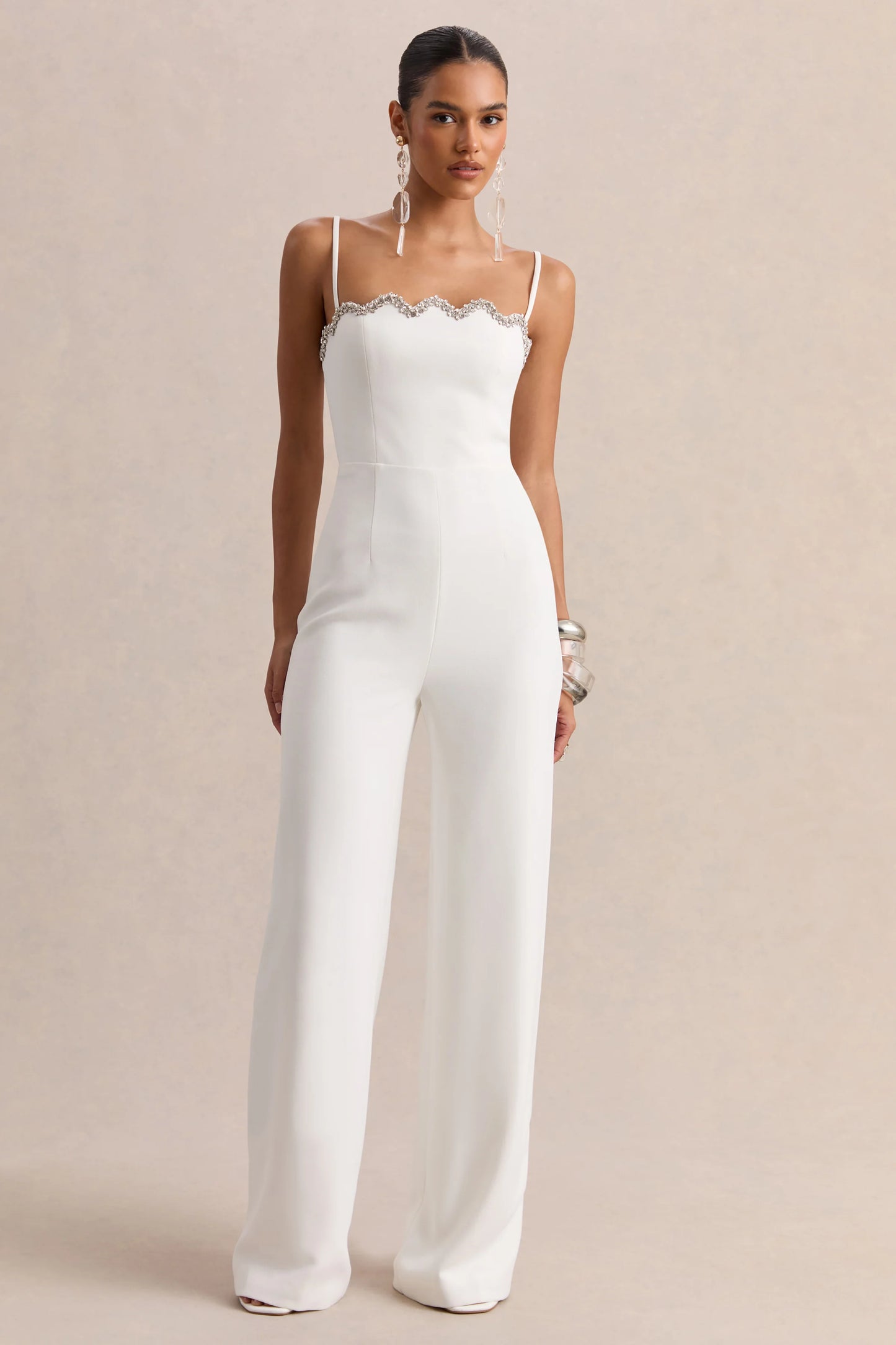 Calira White Scalloped Square-Neck Jumpsuit