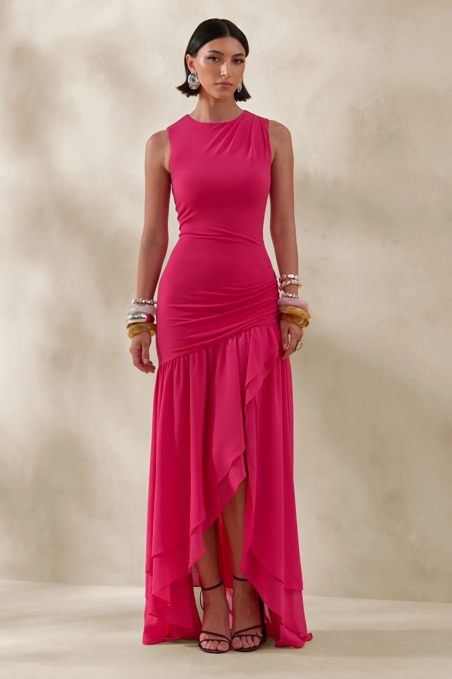 Noelia Hot Pink High-Neck Maxi Dress With Ruffled Detailing