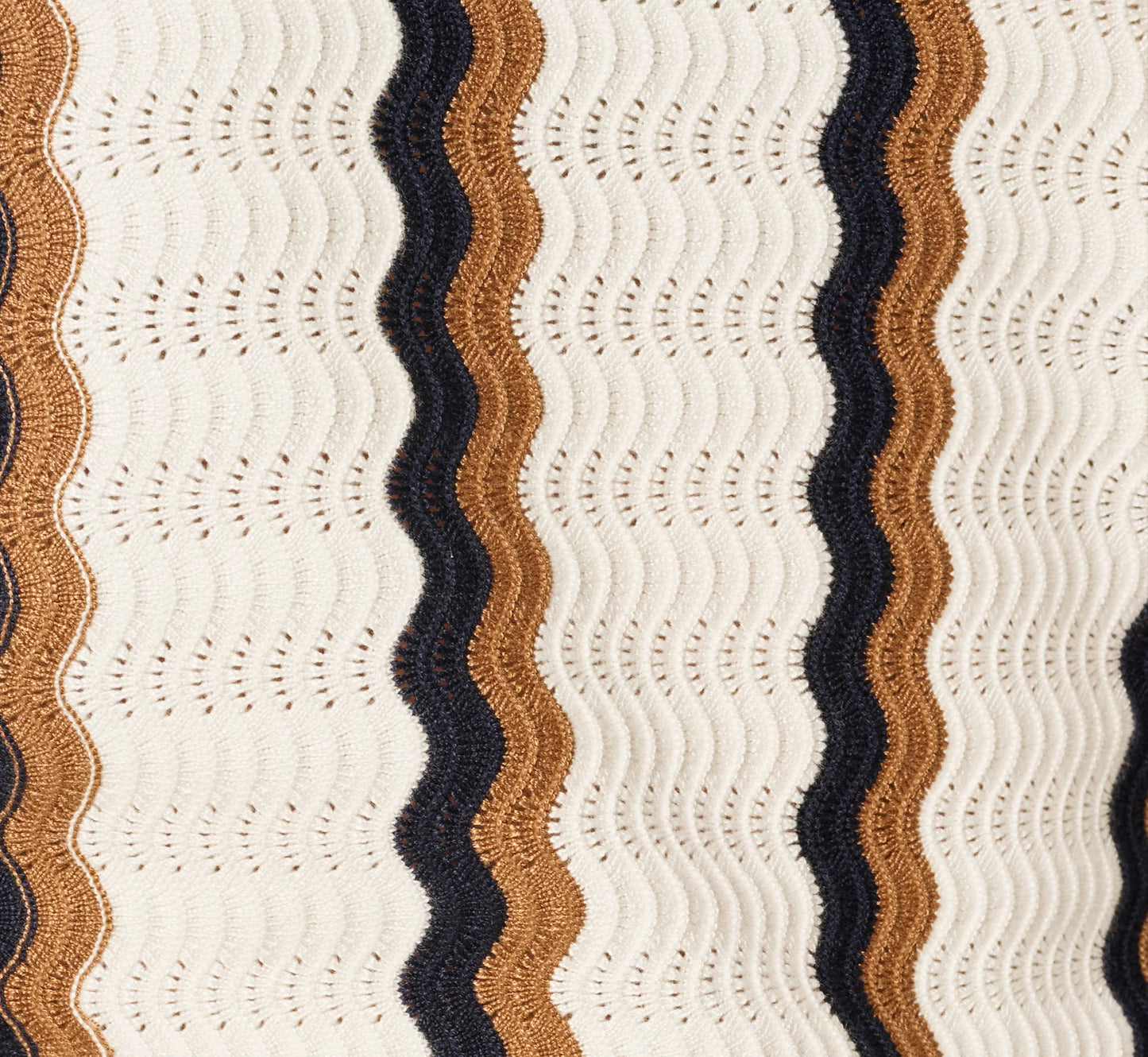Open Knit Pointelle Scalloped Polo Sweater In Ivory Navy Camel