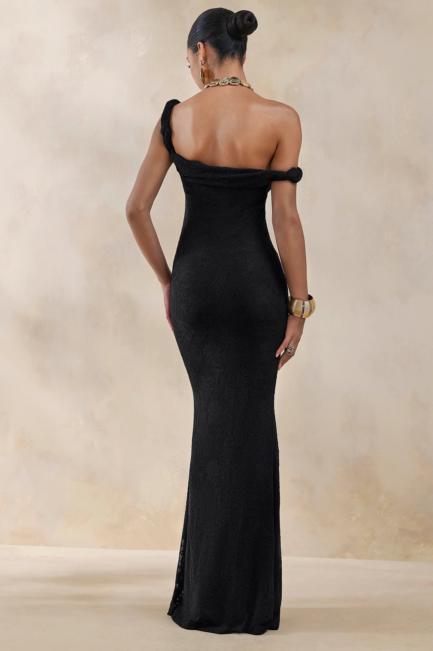 Afina Black Lace Asymmetric-Neck Maxi Dress