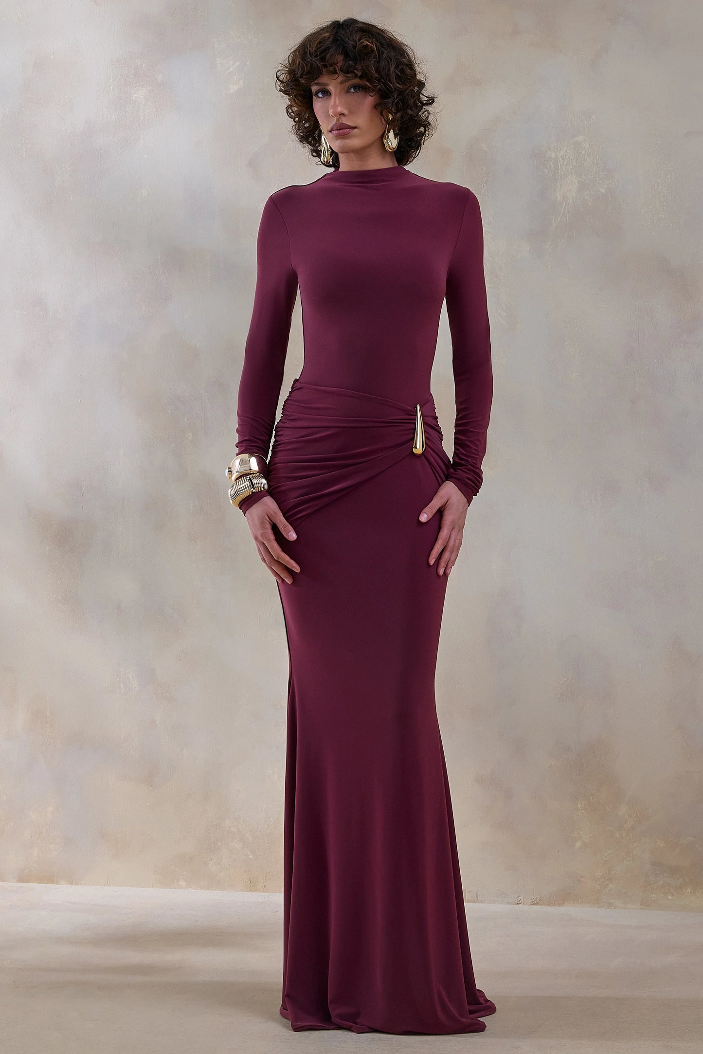 Solarium Burgundy Long-Sleeve Maxi Dress With Gold Detail