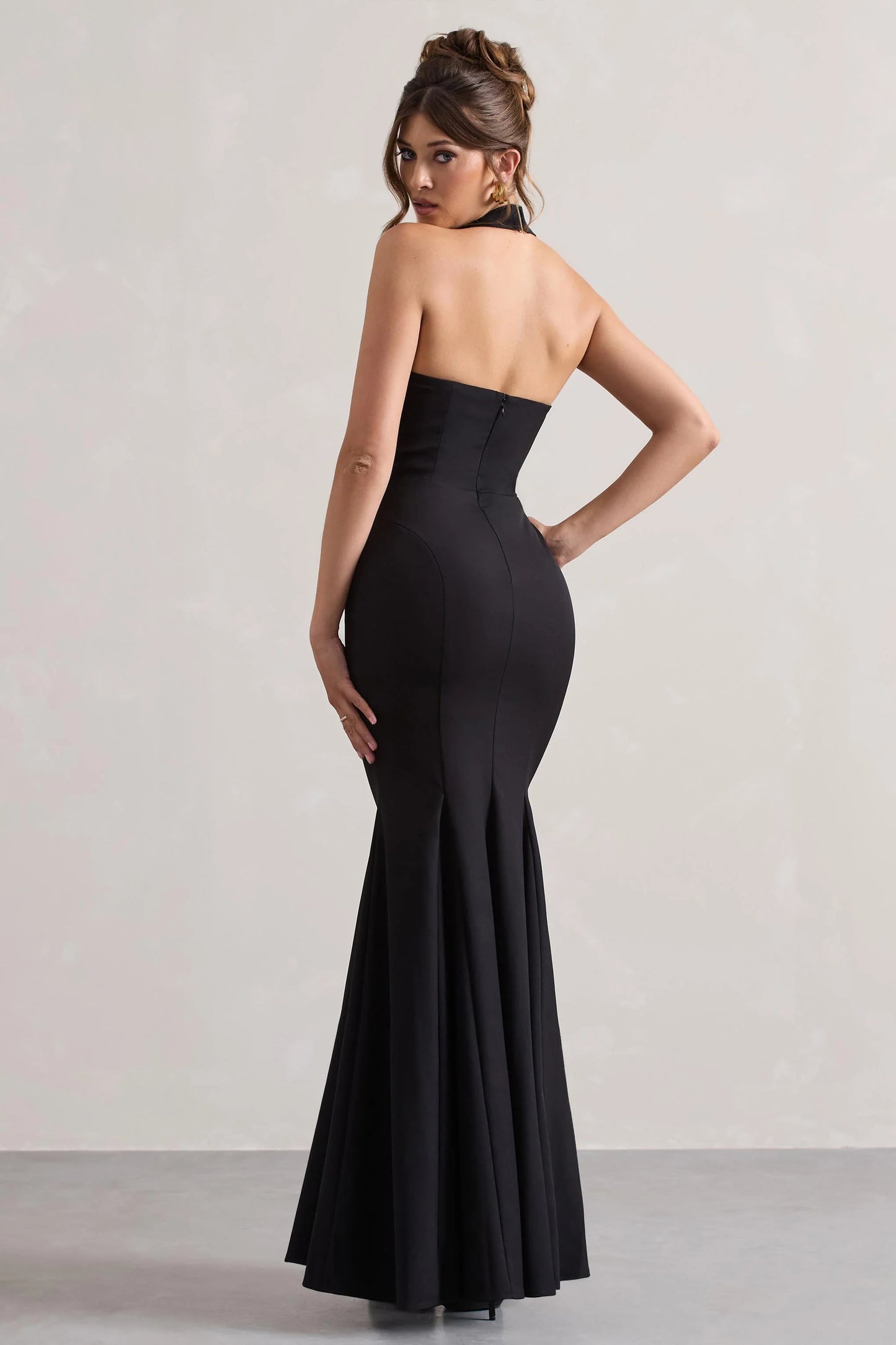 Plaza Black Plunge Halter-Neck Fishtail Maxi Dress