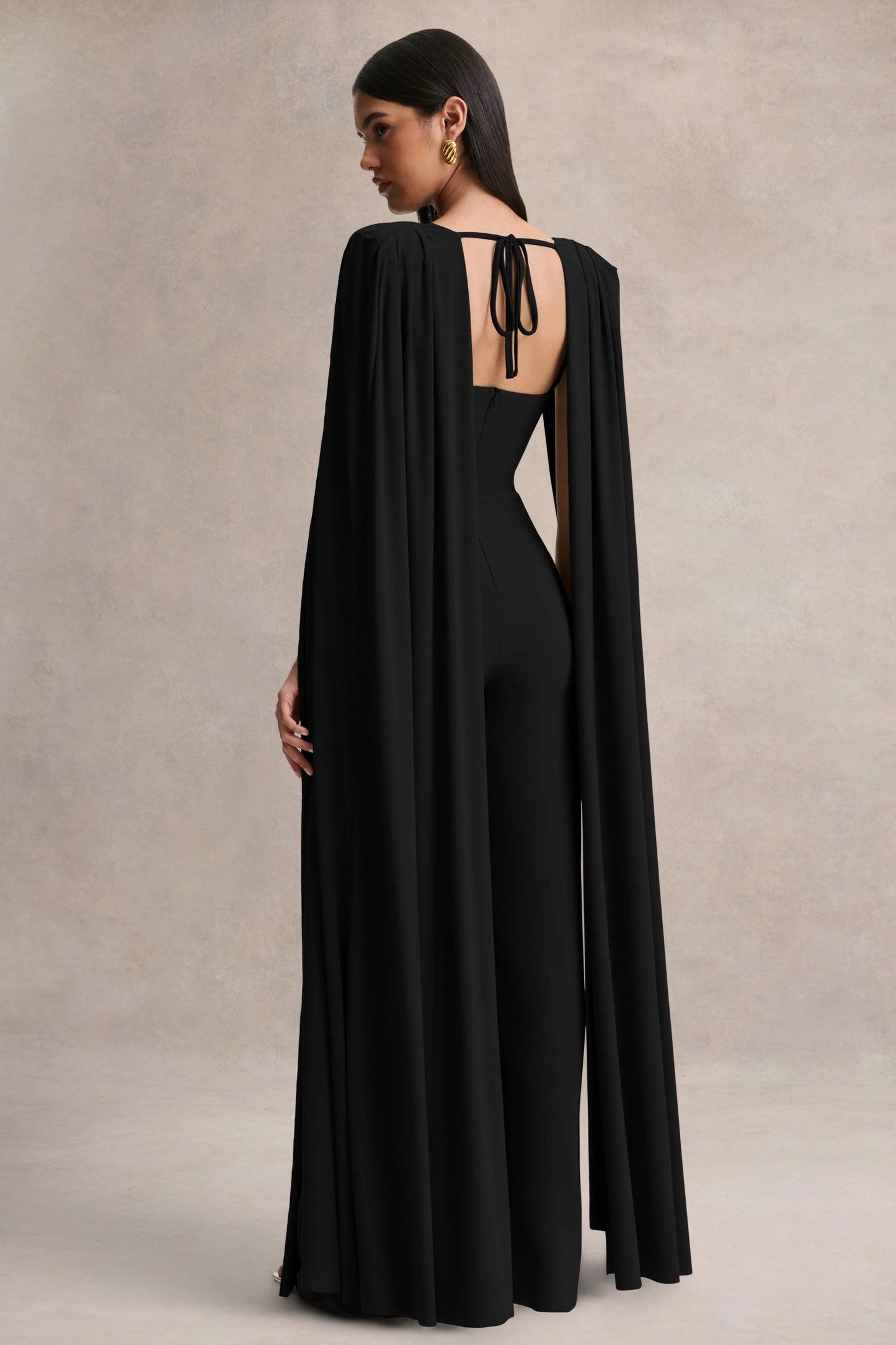 Labina Black Plunge-Neck Jumpsuit With Cape-Sleeves