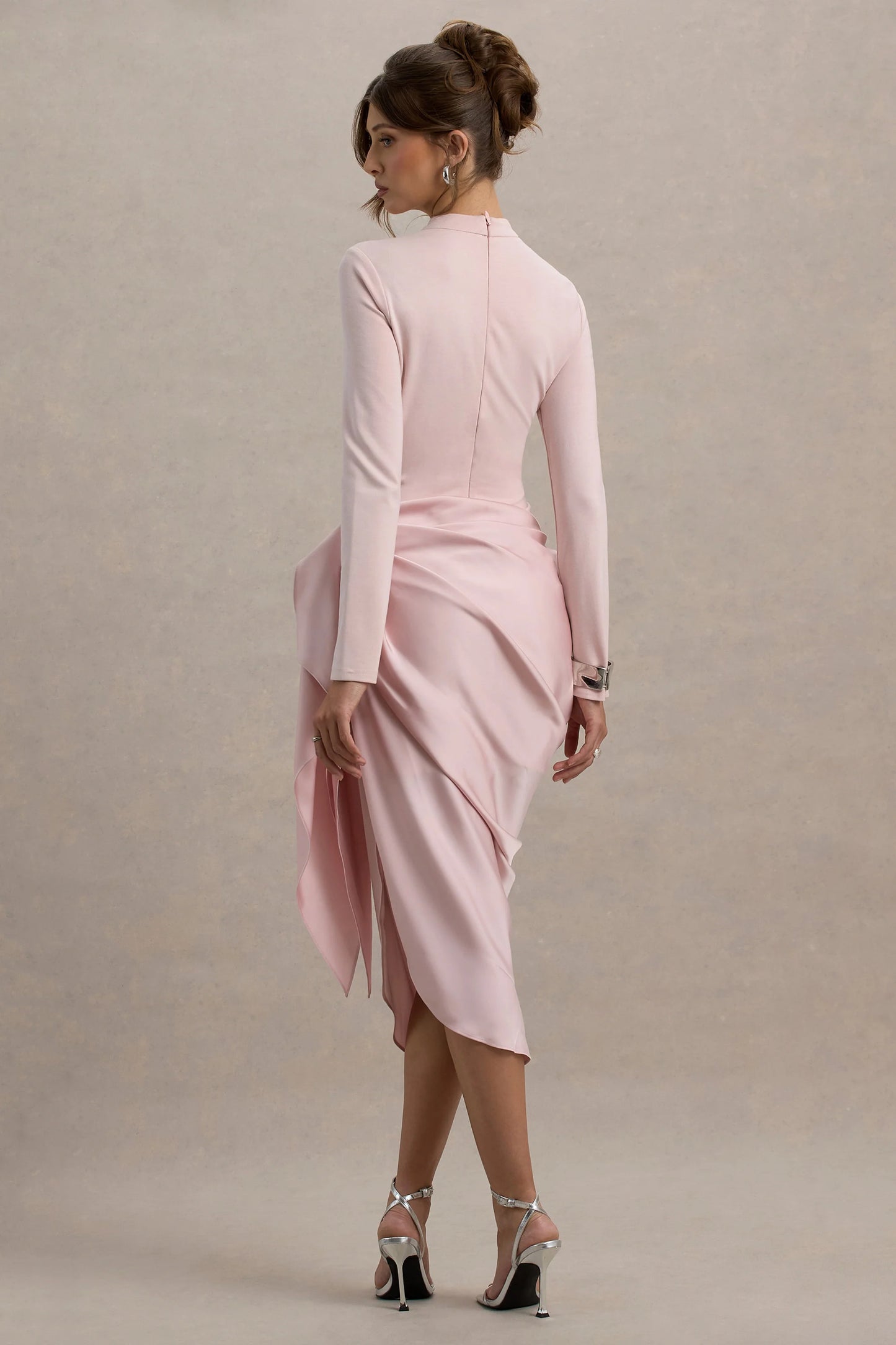 Raffie Pink Long-Sleeve Midi Dress With Satin Wrap Skirt