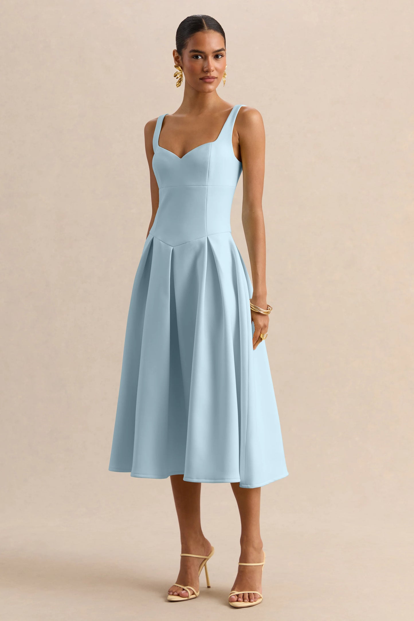 Greta Powder-Blue Sweetheart-Neck Midi Dress