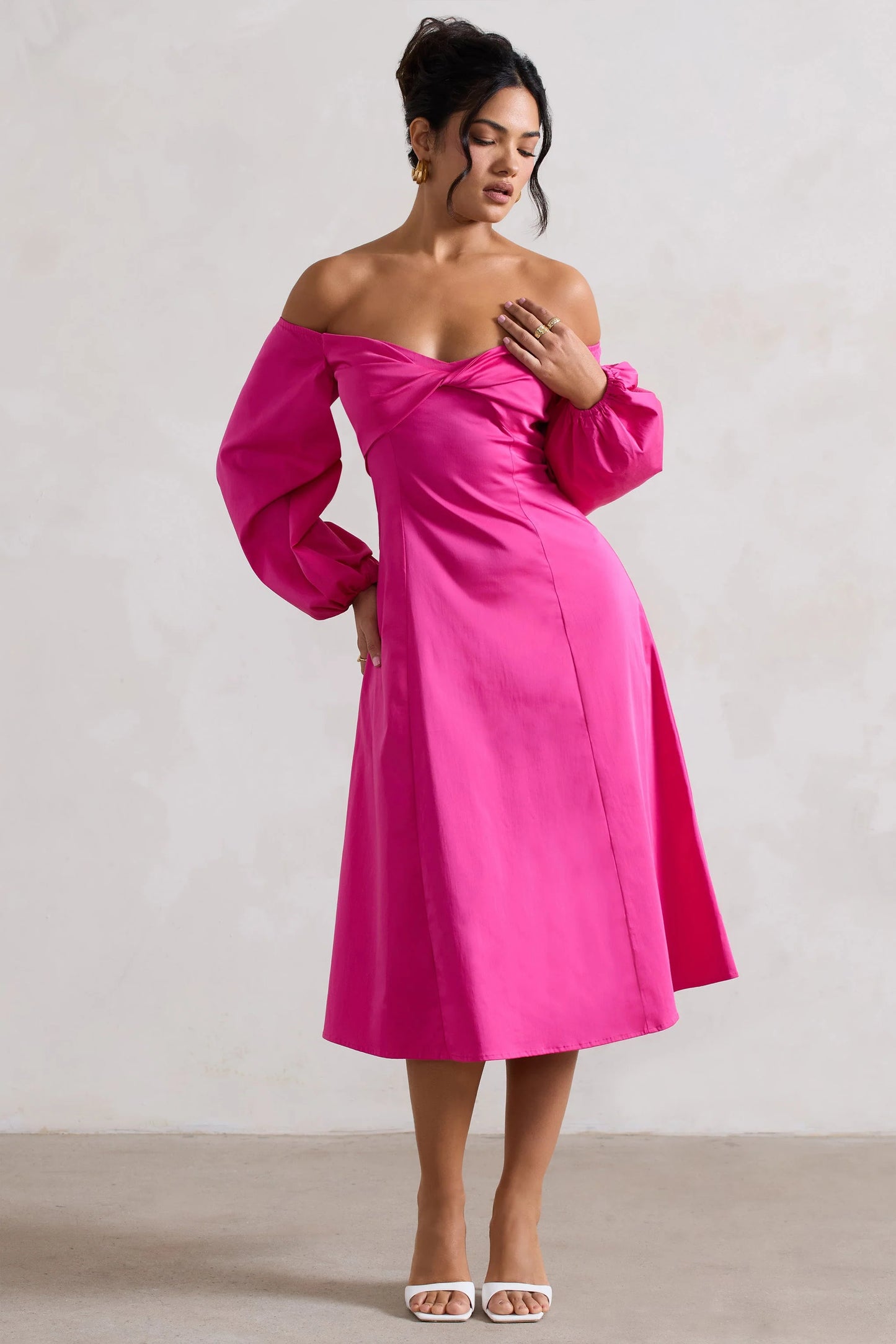 Santino Hot Pink Twisted Bardot Puff-Sleeve Midi Dress