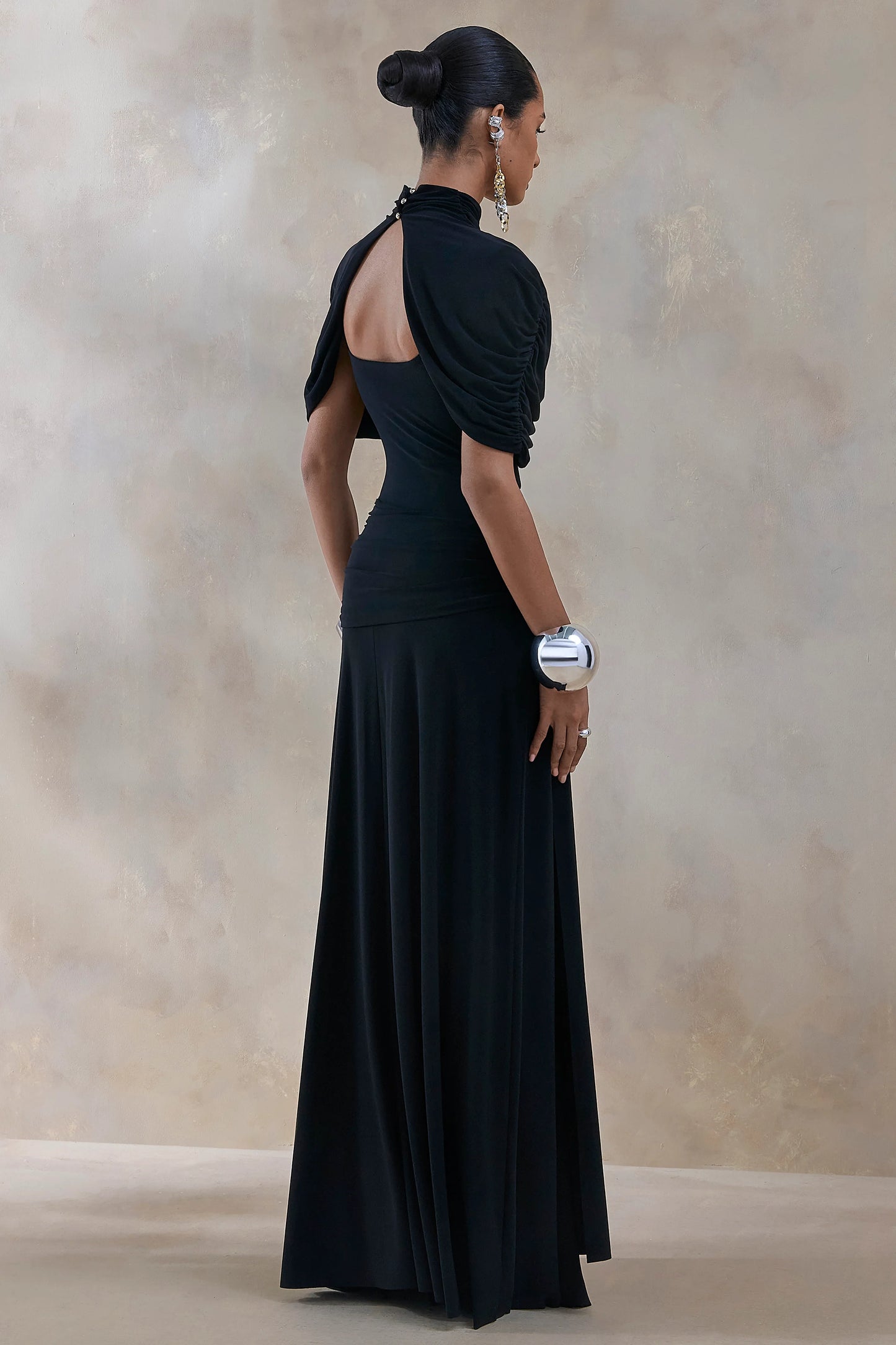 Evelisse Black High-Neck Maxi Dress With Short-Cape Sleeves