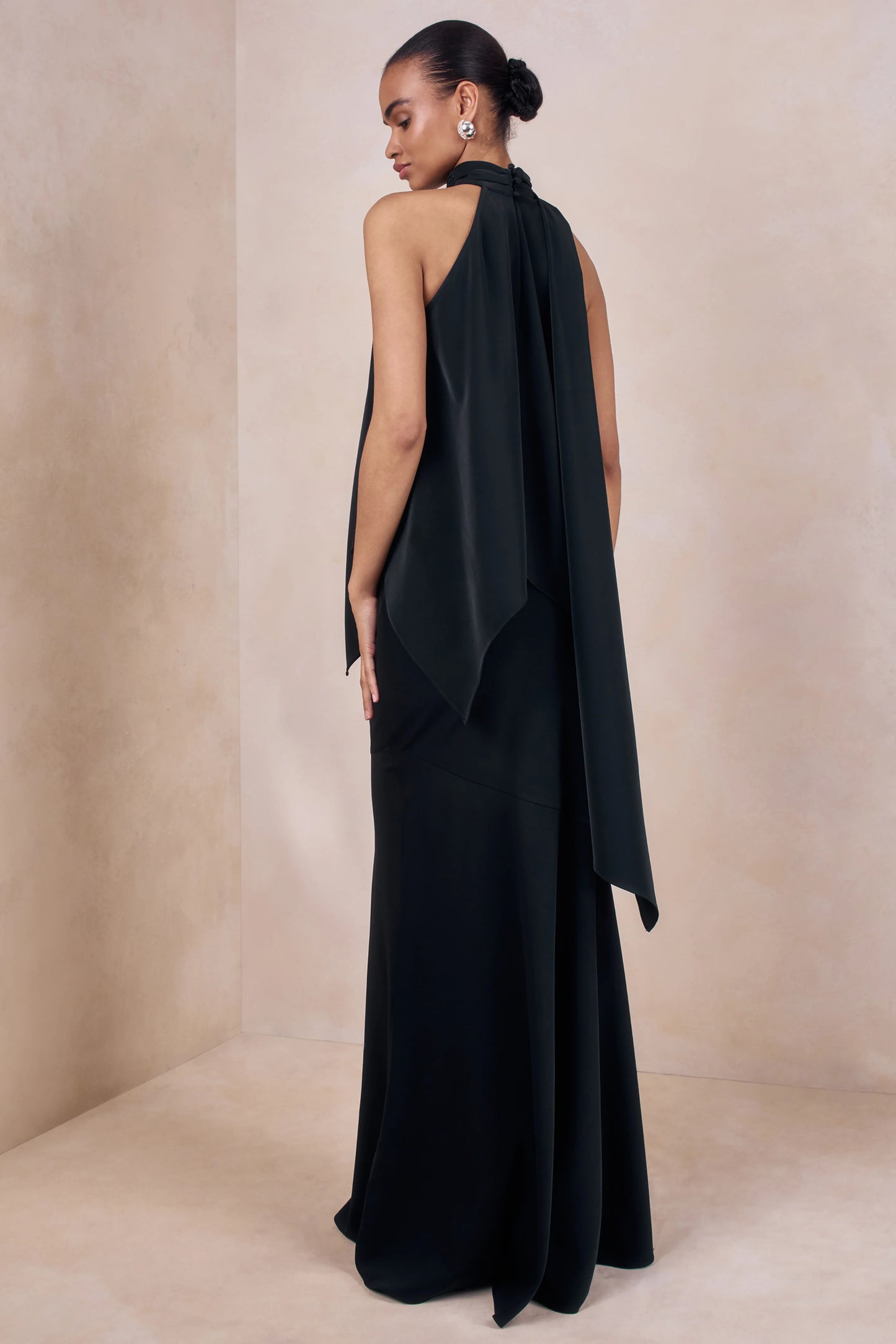 Vayla Black Matte Satin Asymmetric Drop-Waist Maxi Skirt