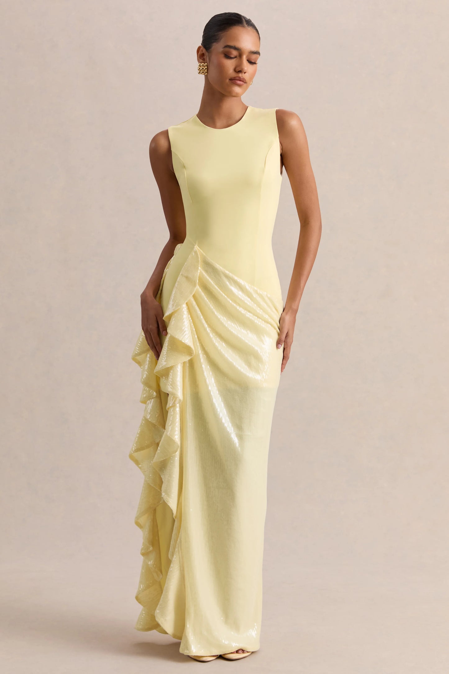 Ada Lemon Crew-Neck Maxi Dress With Sheer Skirt And Ruffled Detailing