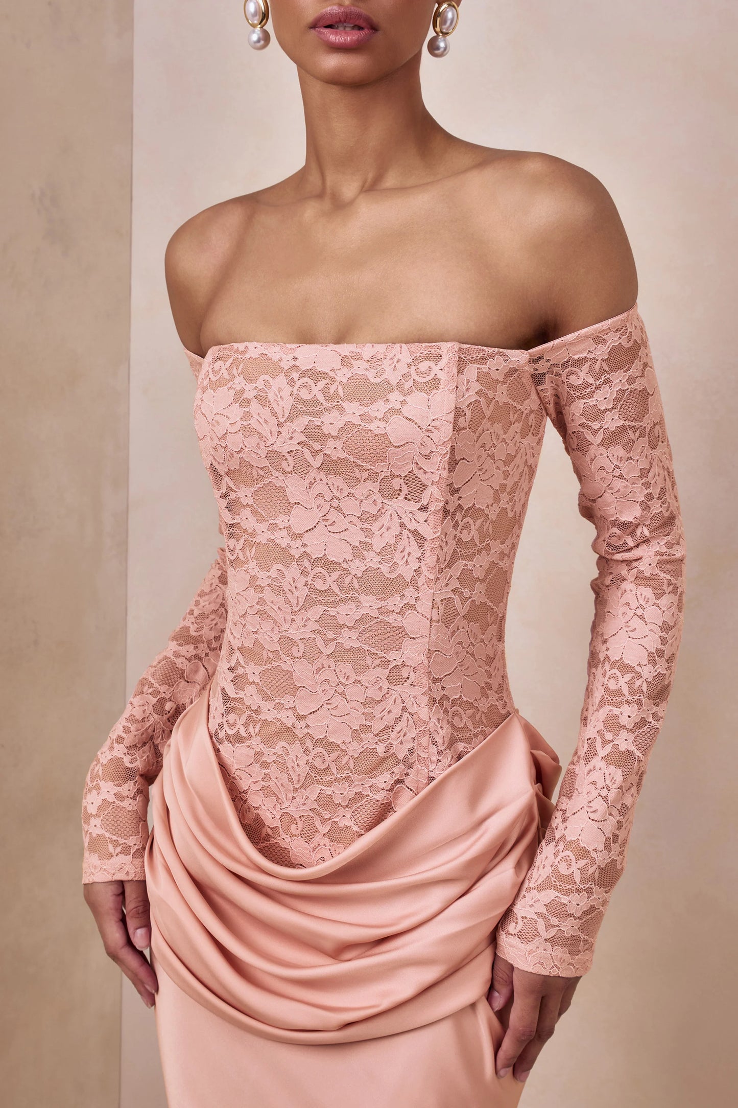 Rinna Pink Lace And Satin Bardot-Neck Maxi Dress