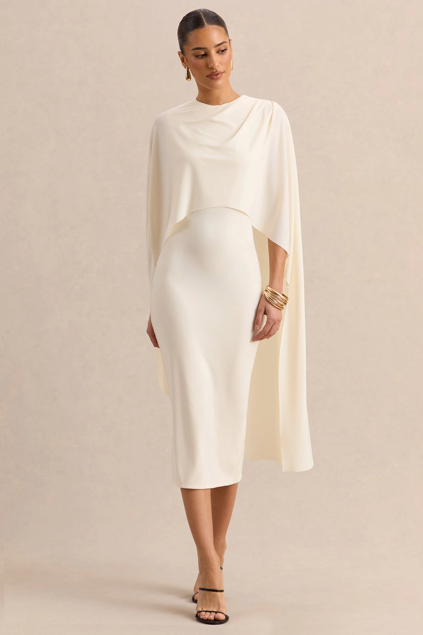 Luxalyn Cream Round-Neck Midi Dress With Cape-Detail