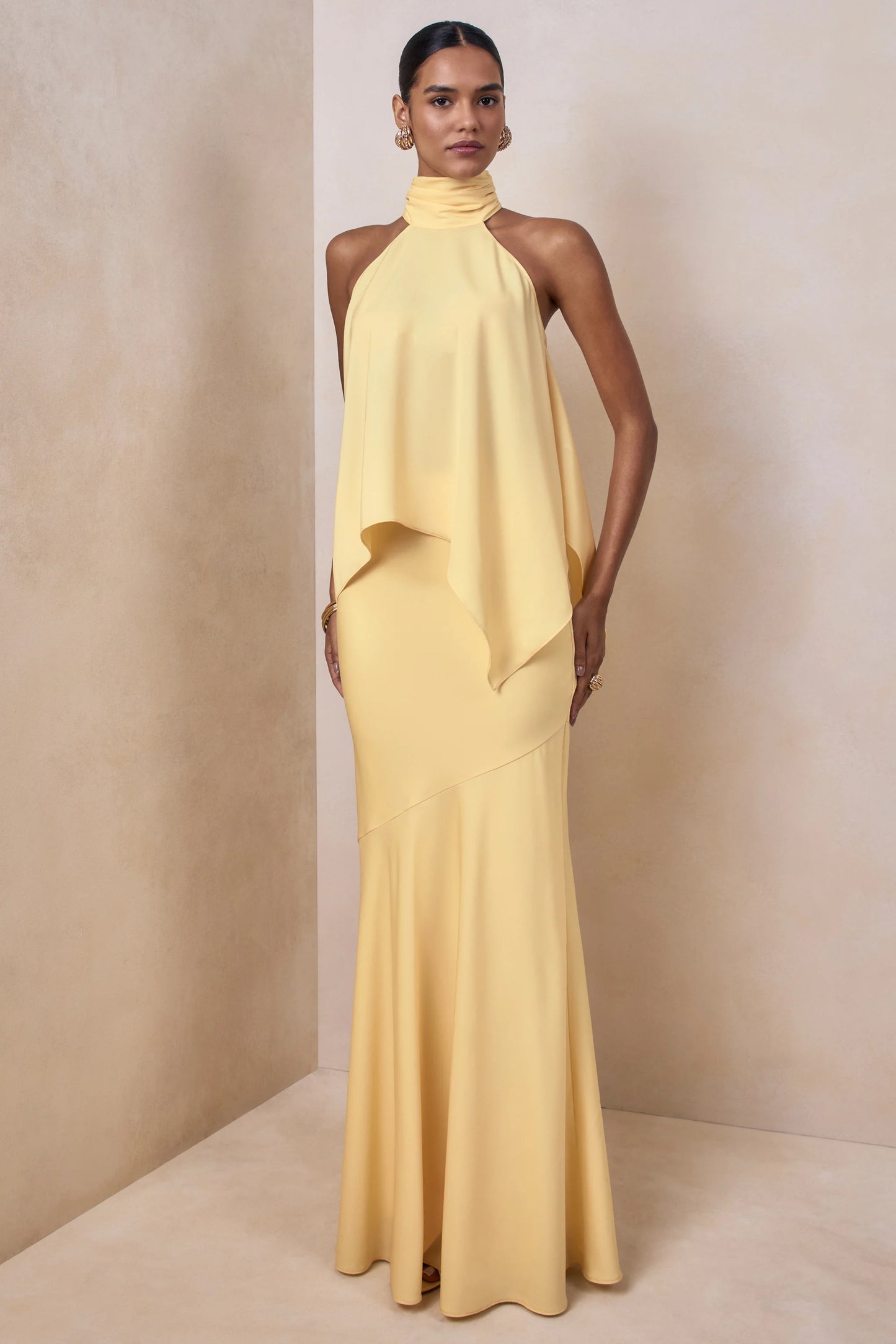 Vayla Lemon Matte Satin Asymmetric Drop-Waist Maxi Skirt
