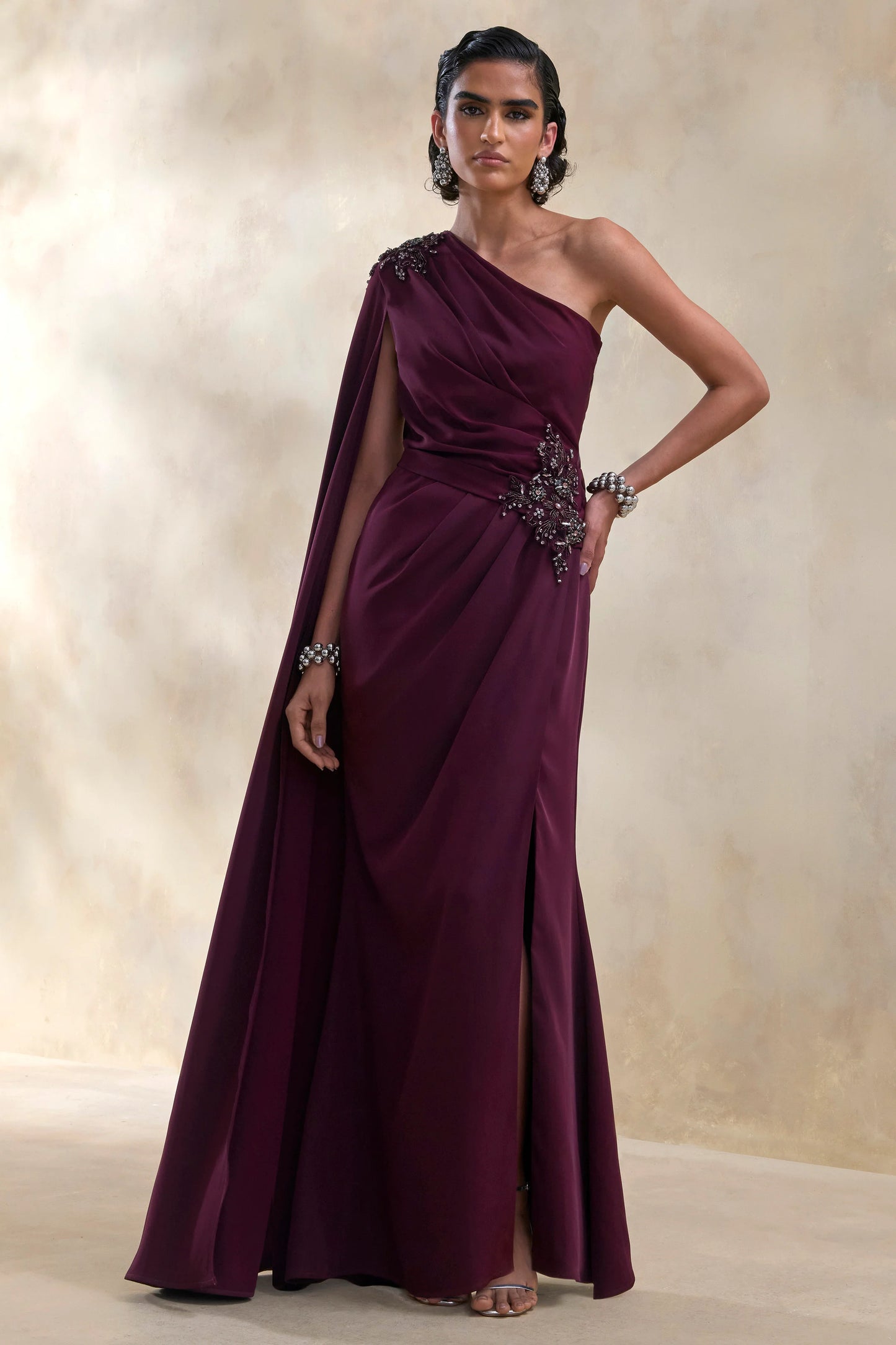 Solace Dark Plum Asymmetric-Neck Maxi Dress With Front-High Split
