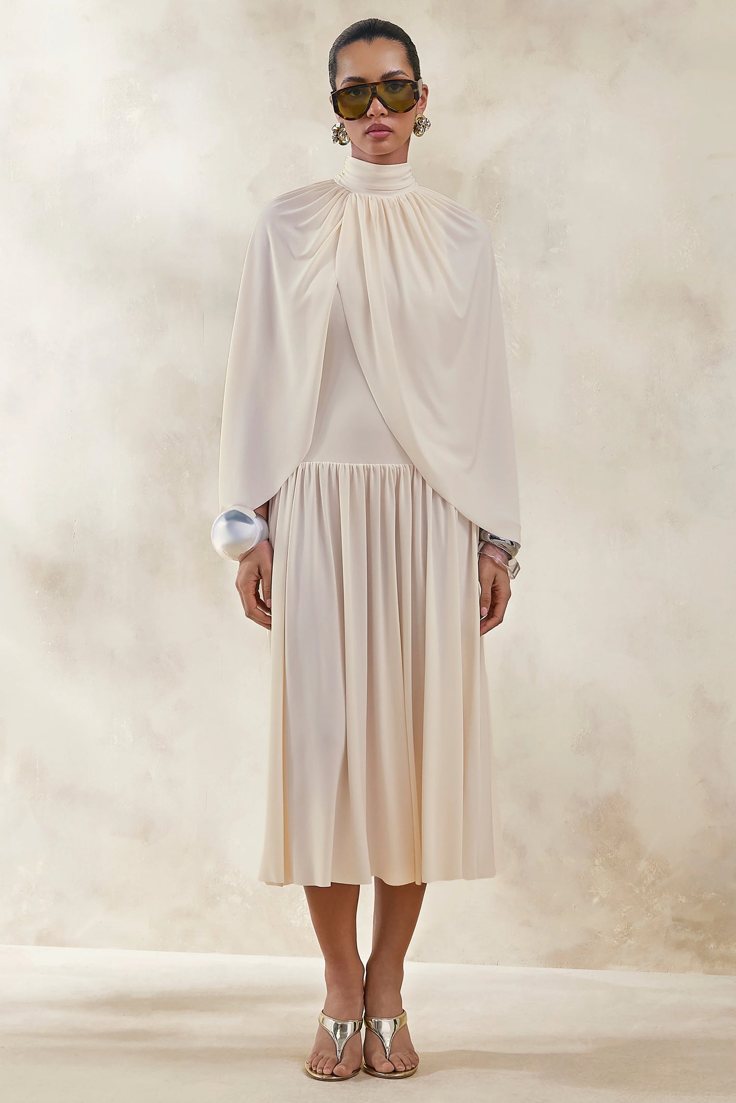 Honora Cream High-Neck Midi Dress With Cape-Sleeves