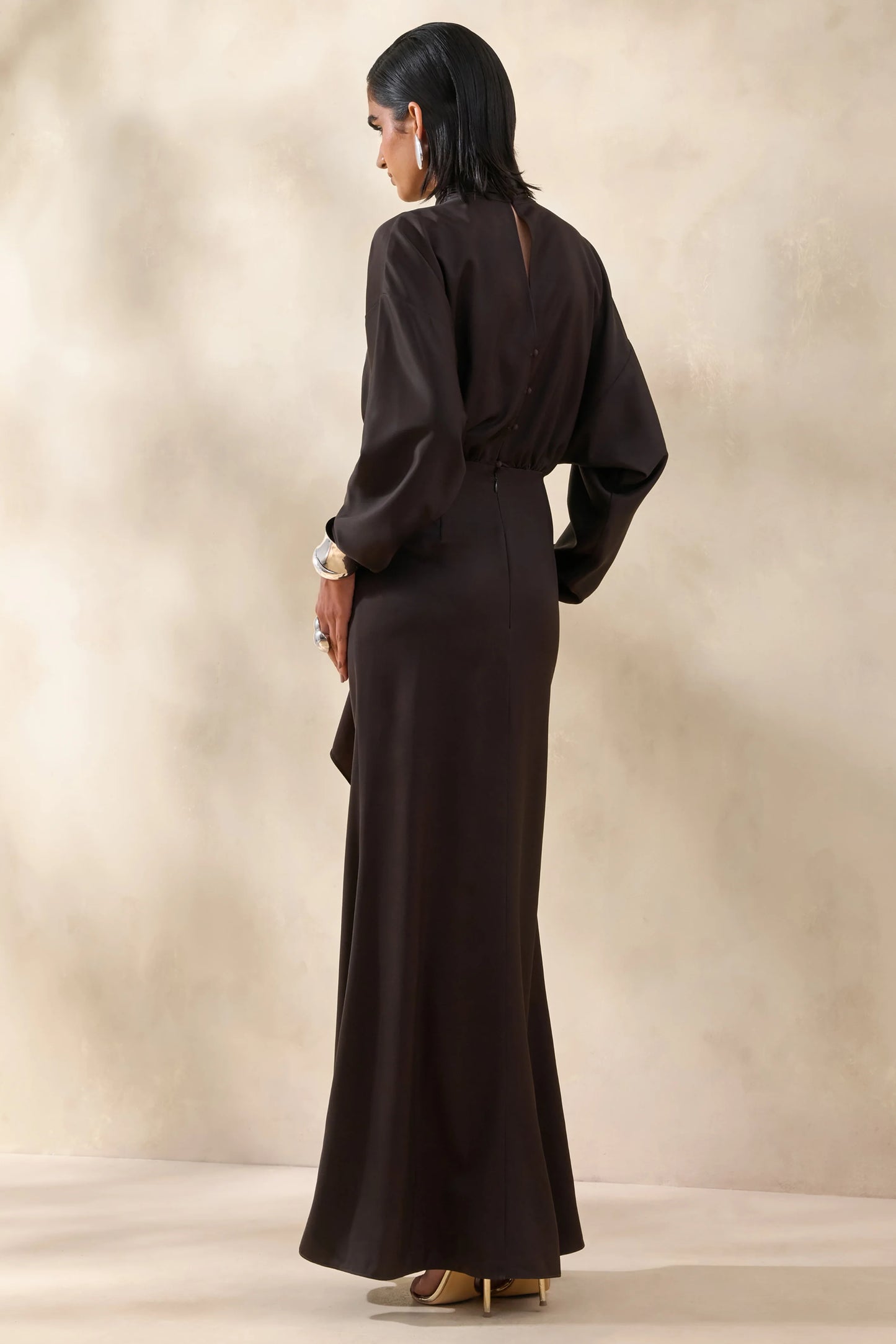 Perla Dark Brown High-Neck Maxi Dress With Gathered-Detailing