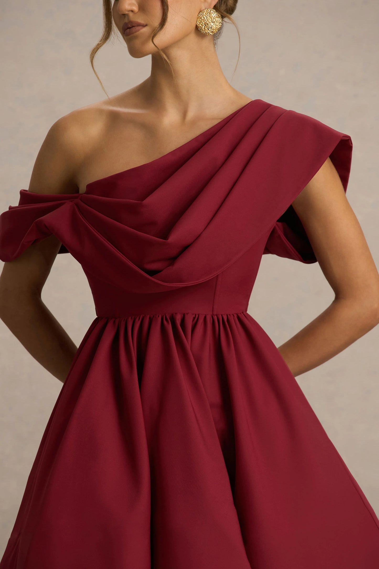 Verona Burgundy Draped Asymmetric-Neck Skater Mini Dress