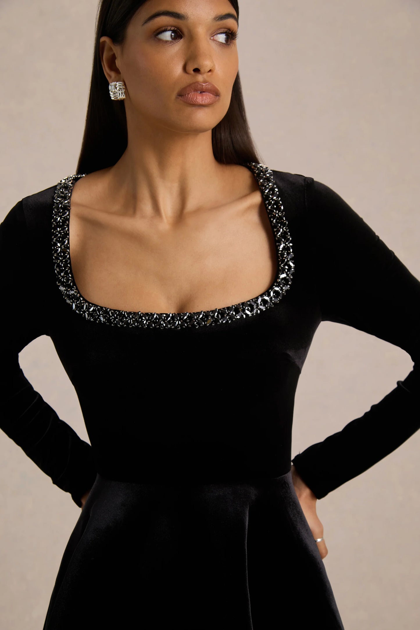 Beloved Black Velvet Embellished Square-Neck Mini Dress