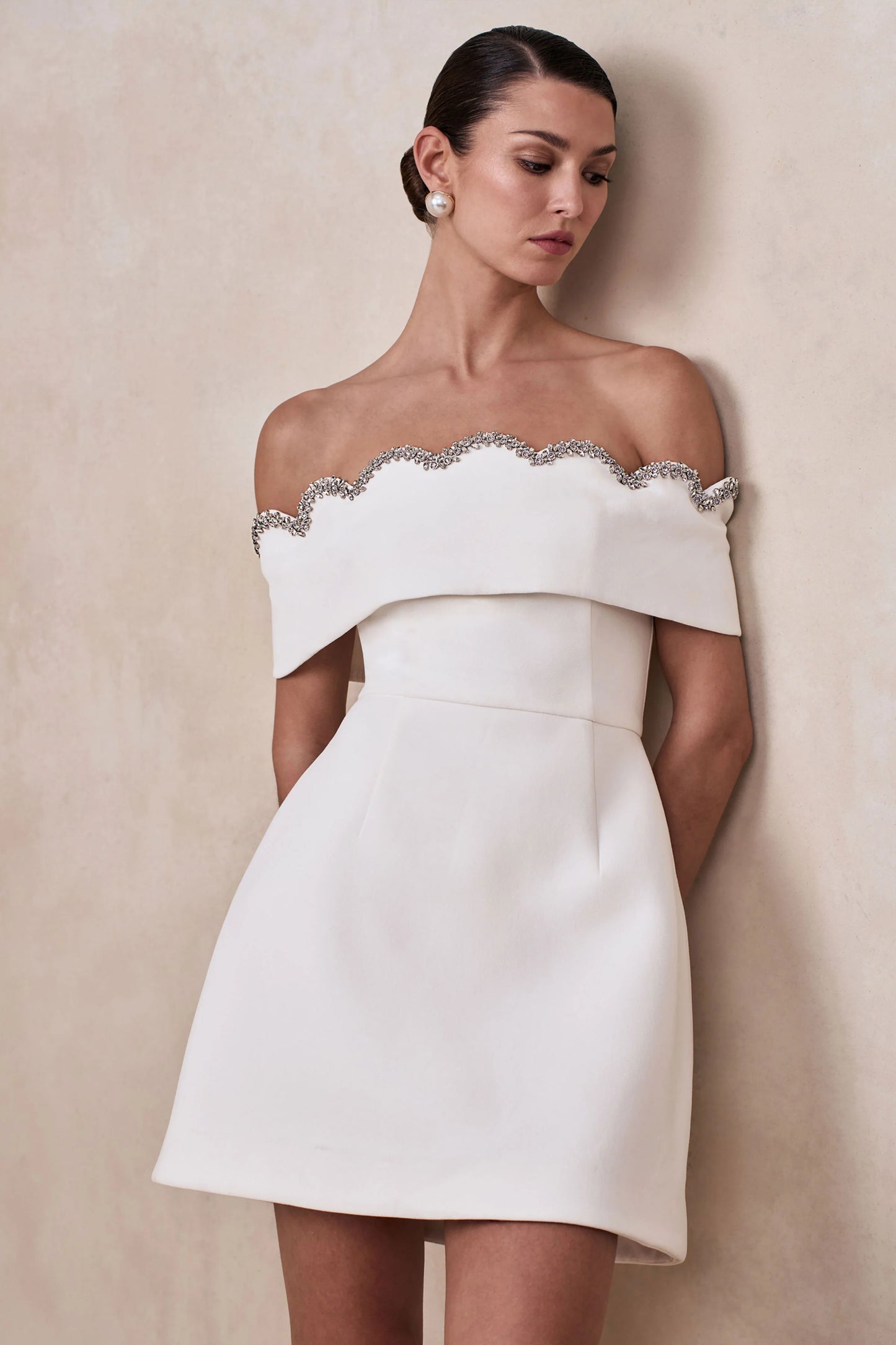 Norella White Scalloped Bardot-Neck Mini Dress