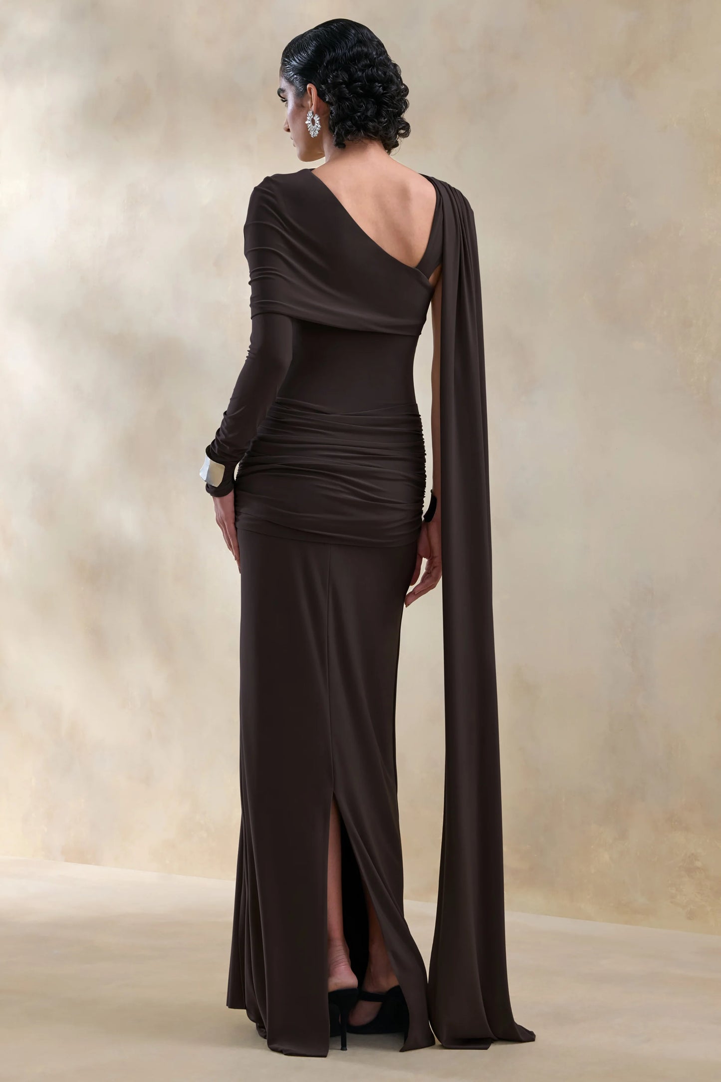 Trisara Brown Asymmetric-Neck Maxi Dress With Gathered-Detailing And Sash