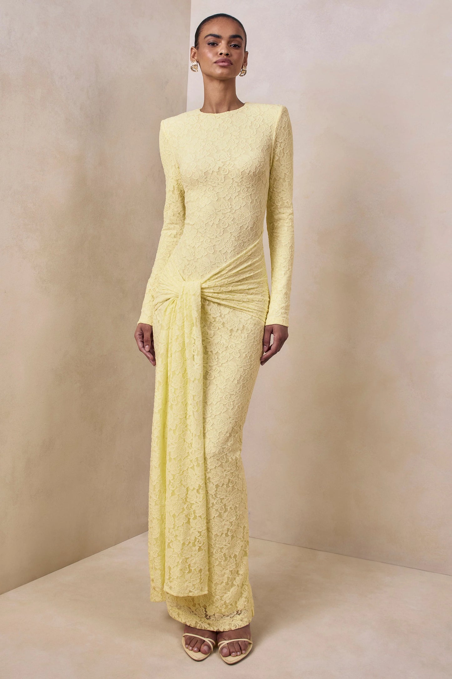 Evangela Lemon Lace Crew-Neck Maxi Dress With Wrap-Detail