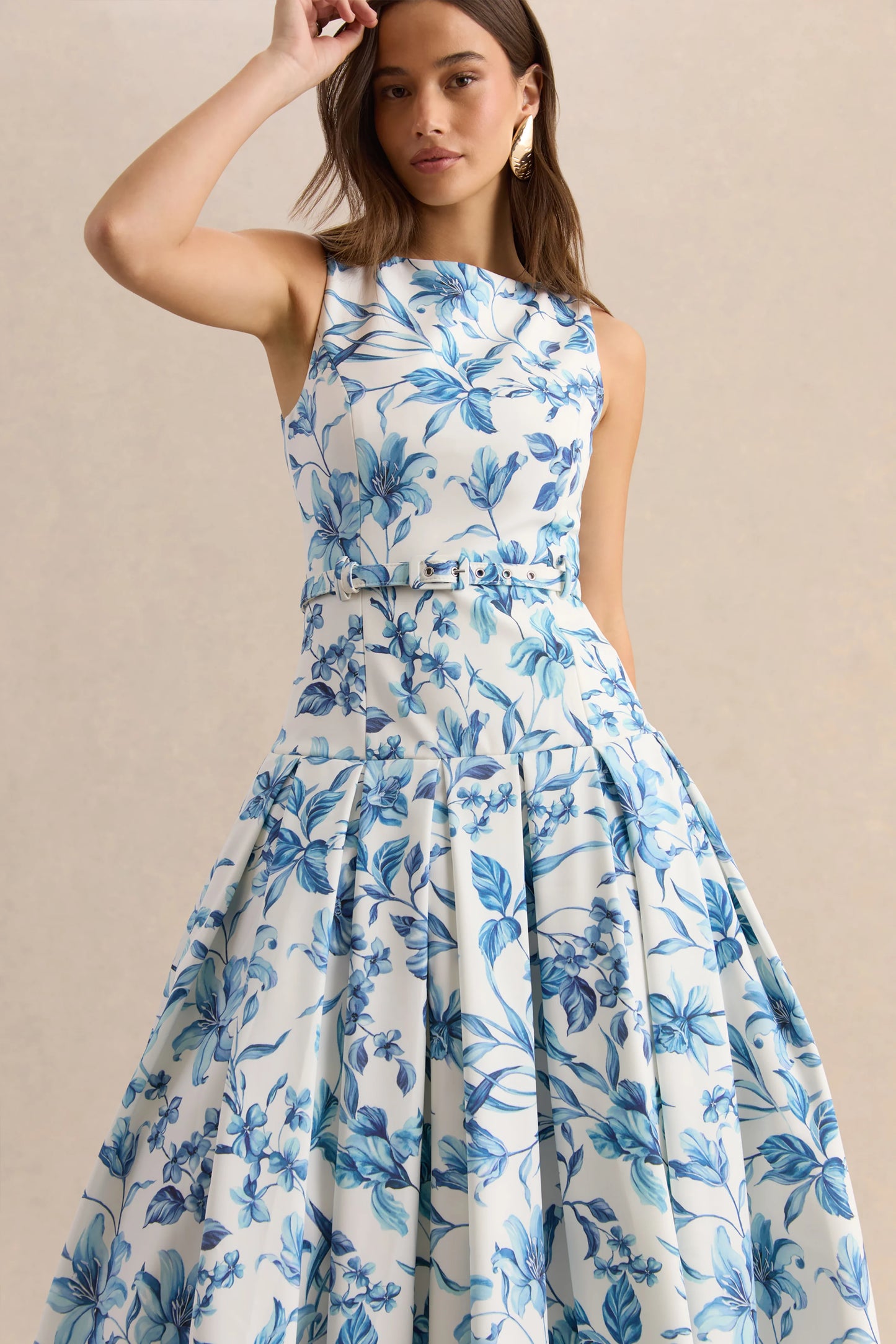 Sunnira Blue Porcelain Print Boat-Neck Midi Dress With Drop-Waist
