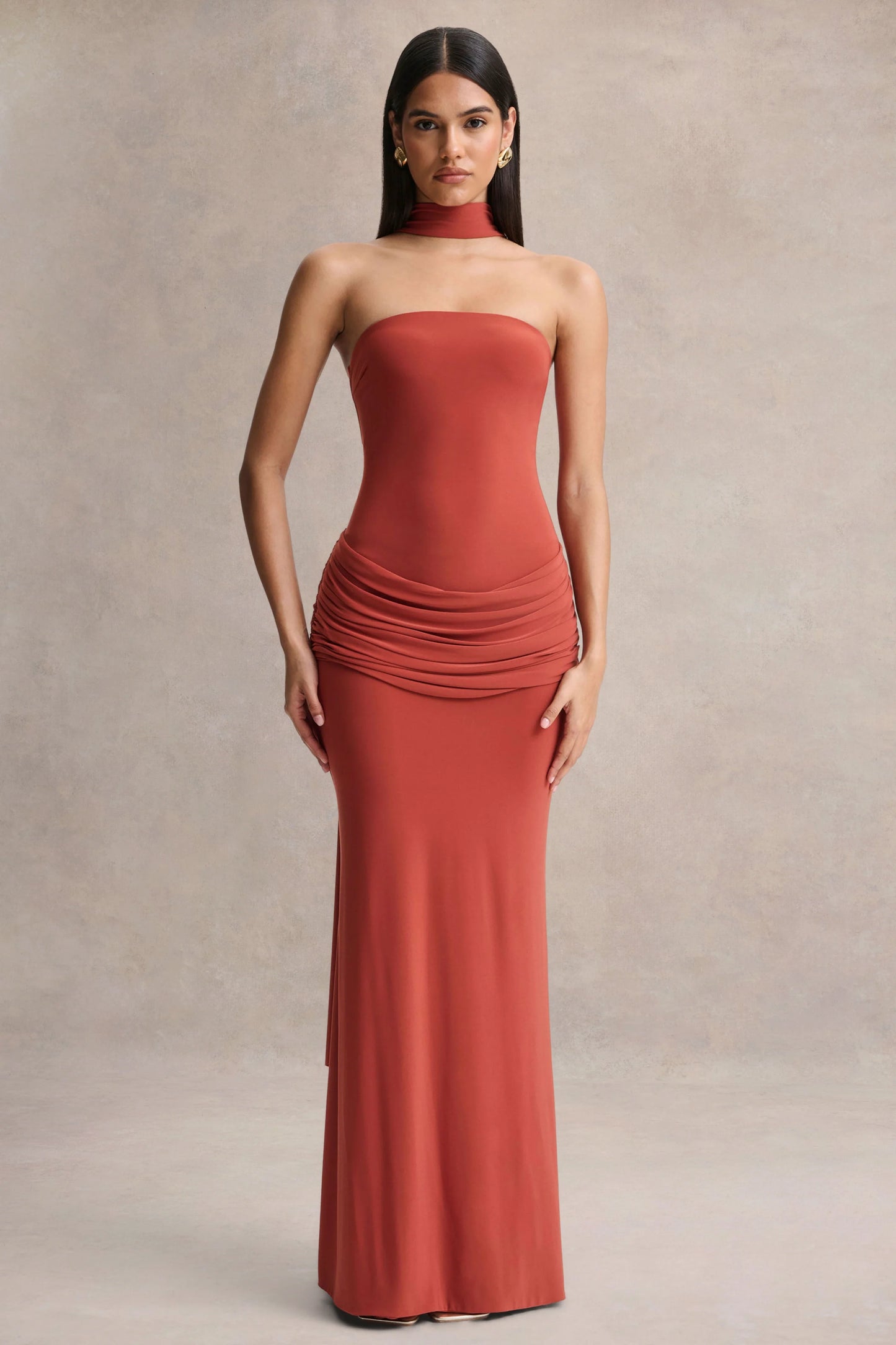 Graciella Rust Bandeau Maxi Dress With Draped Detailing And Scarf