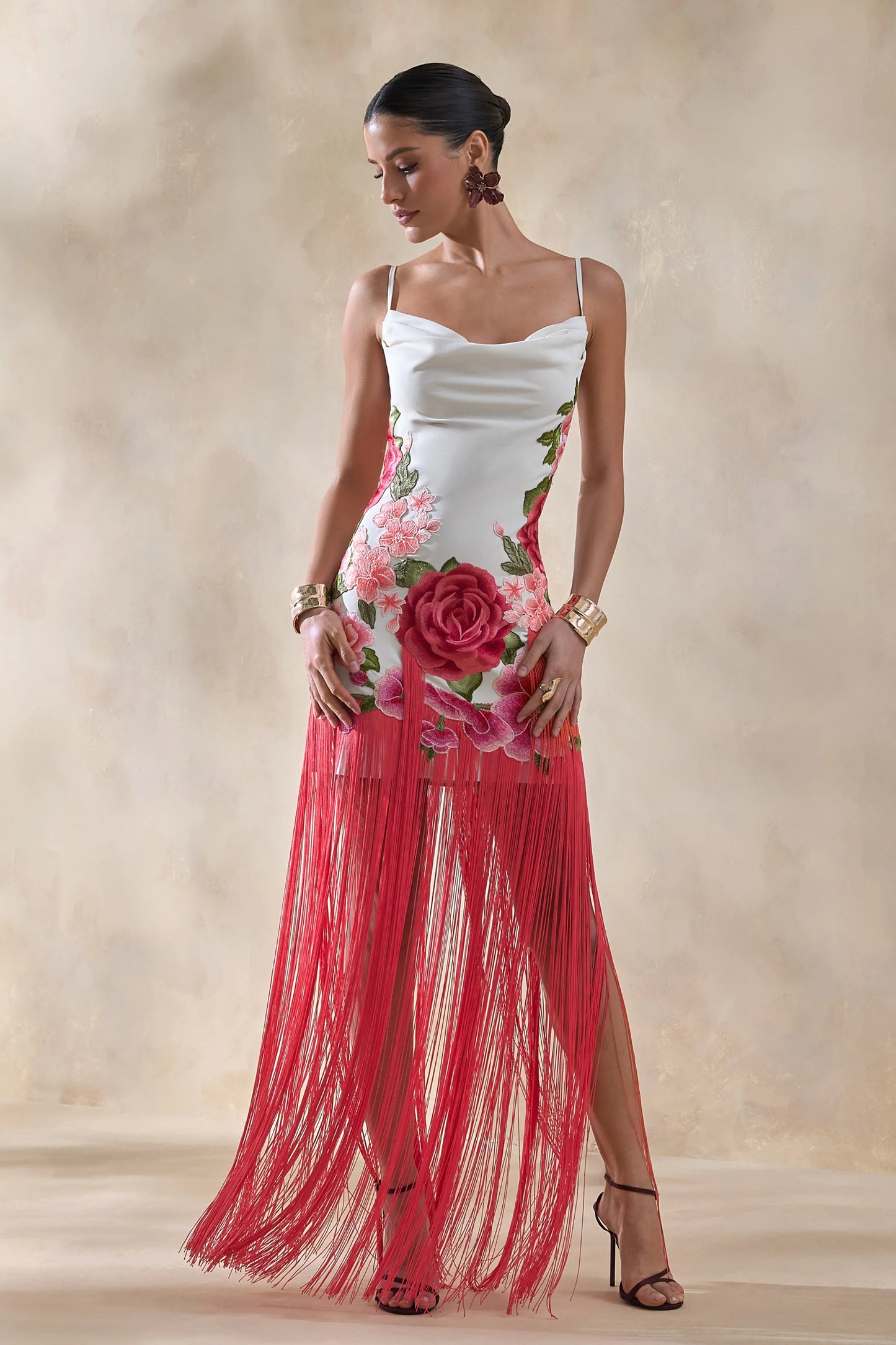 Bejewelled Cream and Pink Floral Cowl-Neck Maxi Dress With Fringe Hem