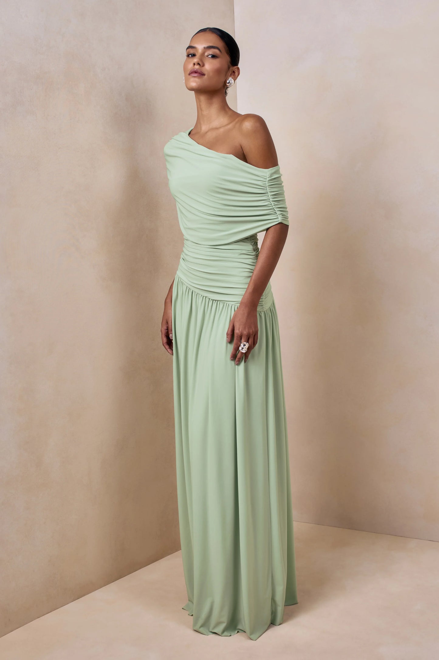 Emberly Green Draped Asymmetric-Neck Maxi Dress With Drop-Waist