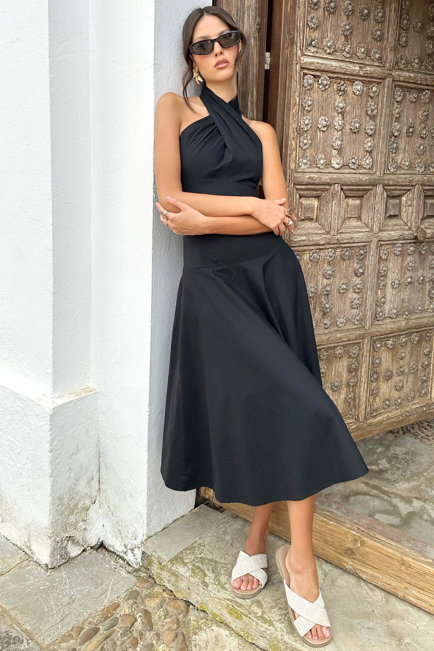 Saint-Malo Black Halter-Neck Midi Dress