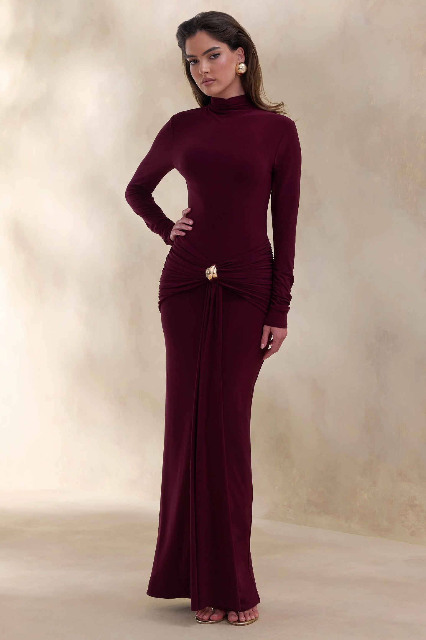 Ambrette Dark Plum High-Neck Maxi Dress With Gathered-Detailing